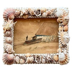 Late 20th Century Vintage Shell Encrusted Frame With Watercolor Painting