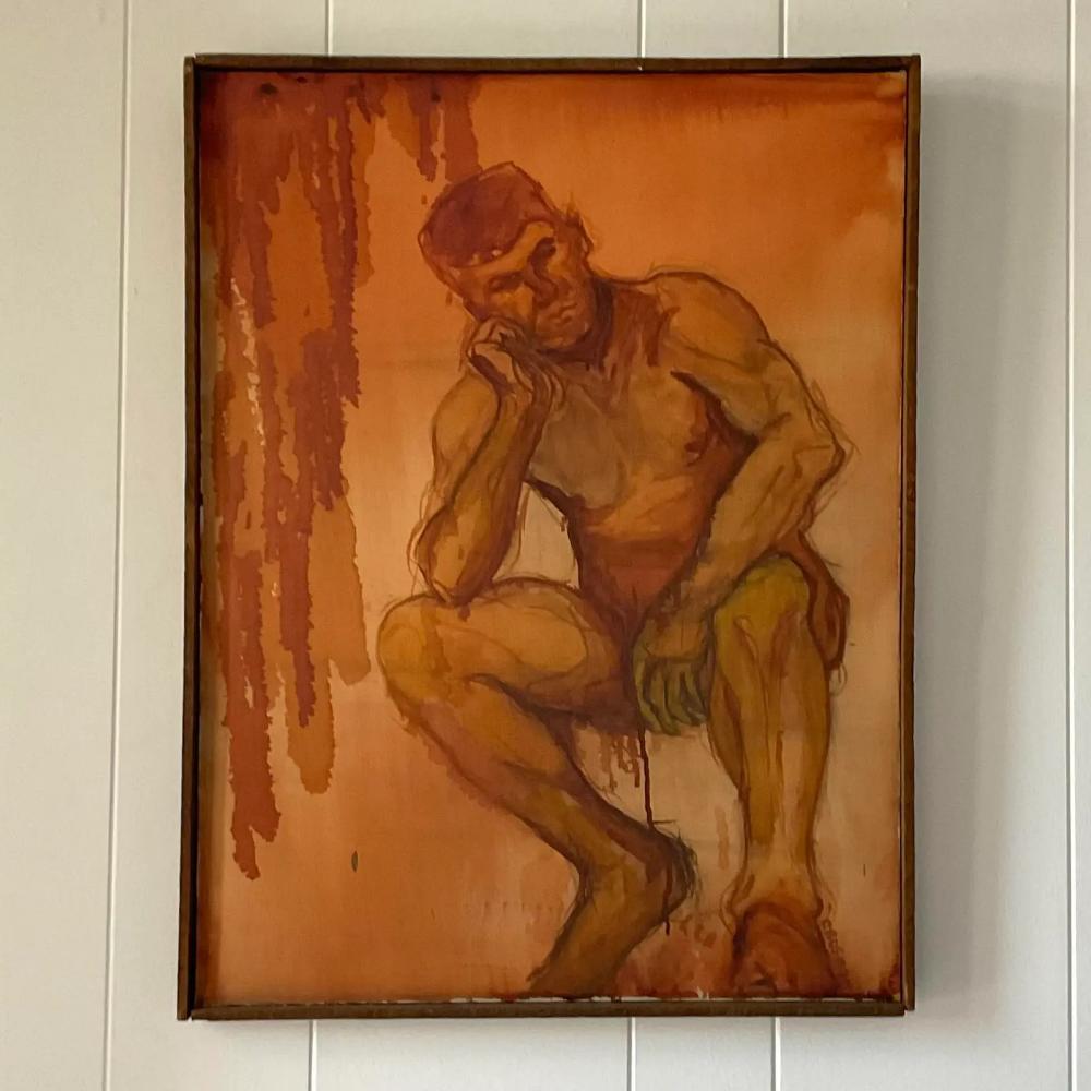 A striking vintage Boho original oil on canvas. A chic line drawing of a nude man in deep colors. Signed by the artist. Acquired from a Palm Beach estate