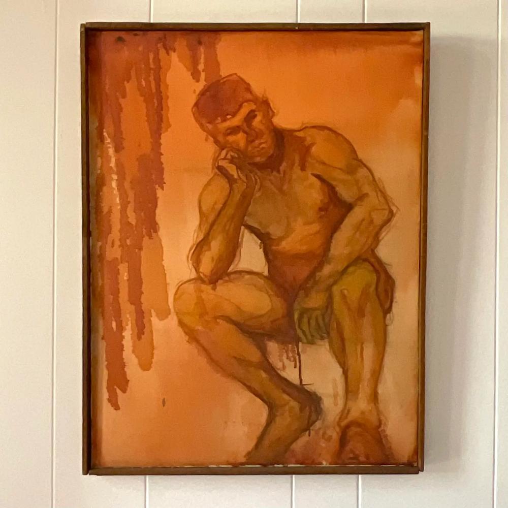 Bohemian Late 20th Century Vintage Signed Original Oil Painting on Canvas of Nude Man For Sale