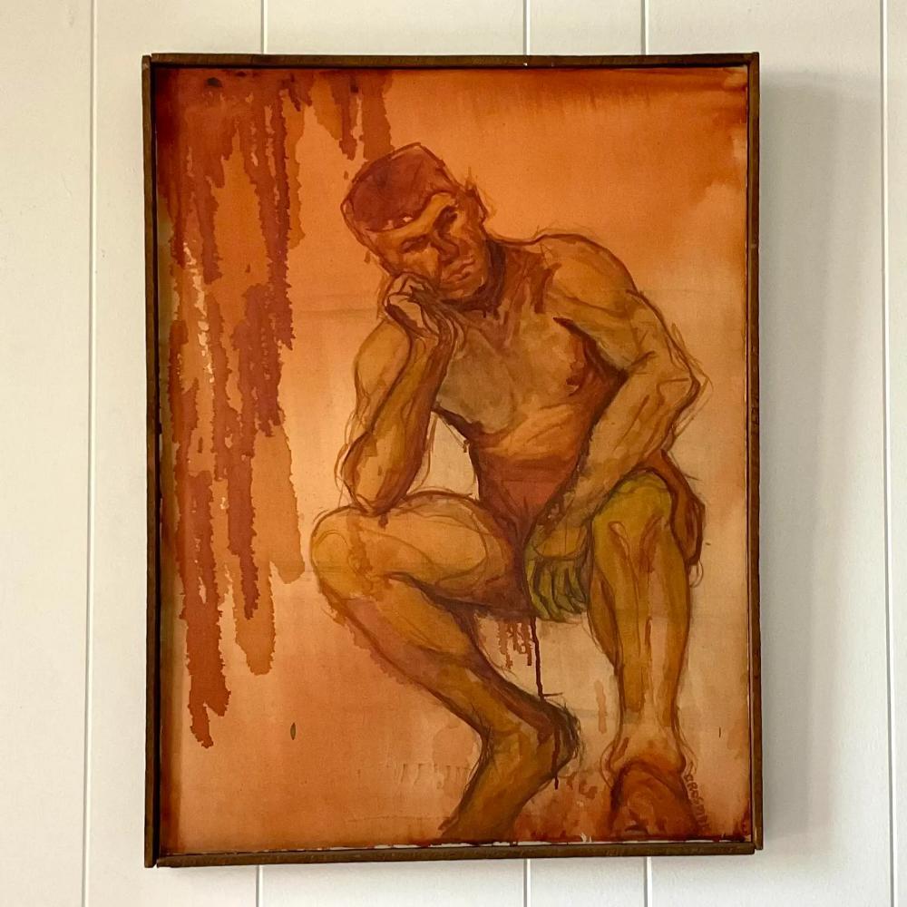 American Late 20th Century Vintage Signed Original Oil Painting on Canvas of Nude Man For Sale