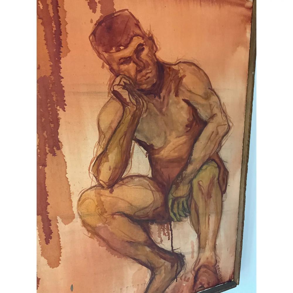 Late 20th Century Vintage Signed Original Oil Painting on Canvas of Nude Man For Sale 1