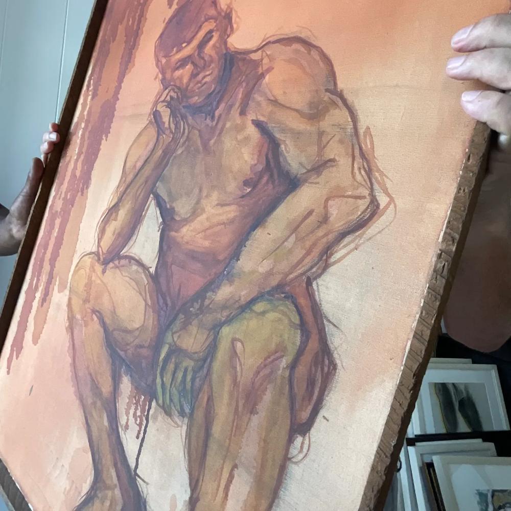 Late 20th Century Vintage Signed Original Oil Painting on Canvas of Nude Man For Sale 3