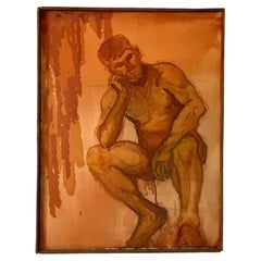 Late 20th Century Antique Signed Original Oil Painting on Canvas of Nude Man