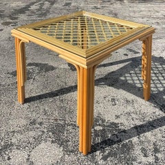 Late 20th Century Vintage Squared Bamboo Rattan Game Table