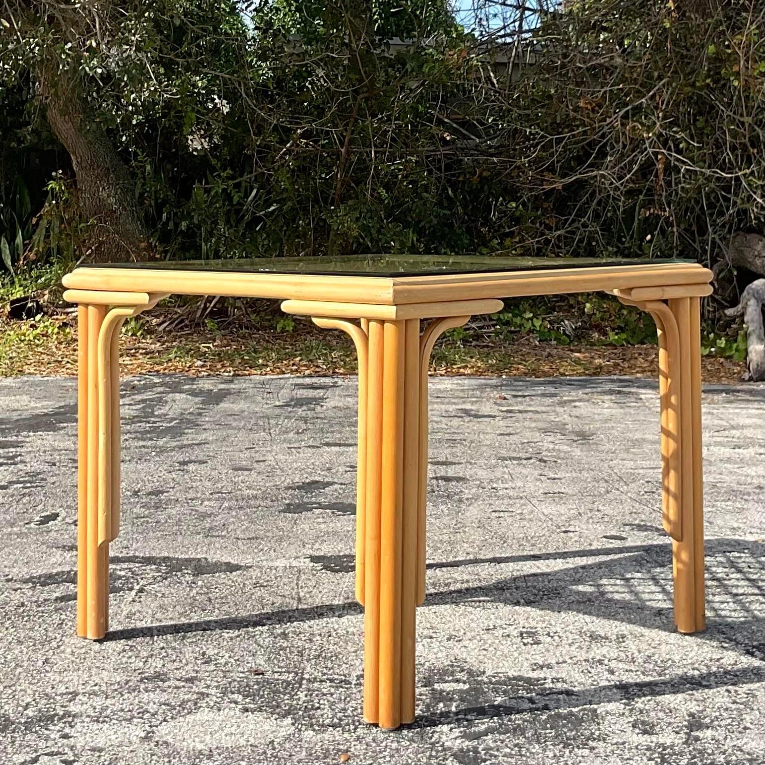 Late 20th Century Vintage Squared Bamboo Rattan Game Table In Good Condition In west palm beach, FL