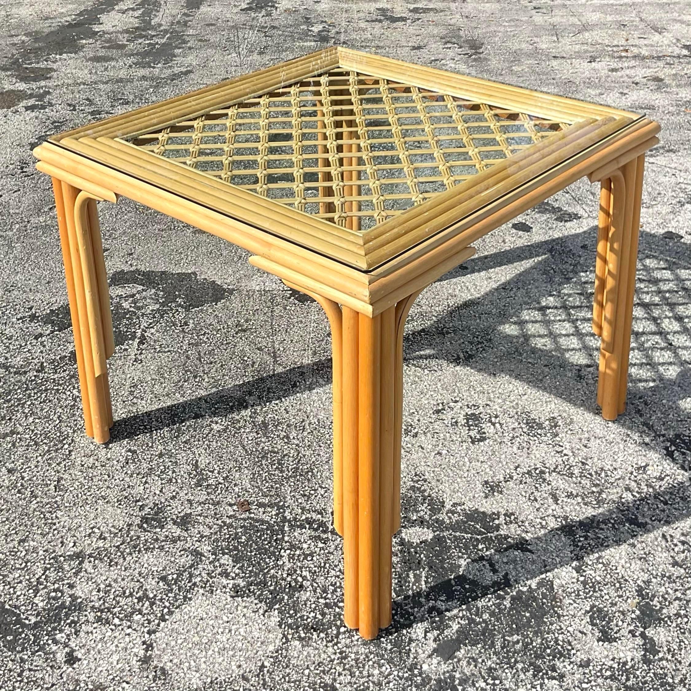 Late 20th Century Vintage Squared Bamboo Rattan Game Table 1