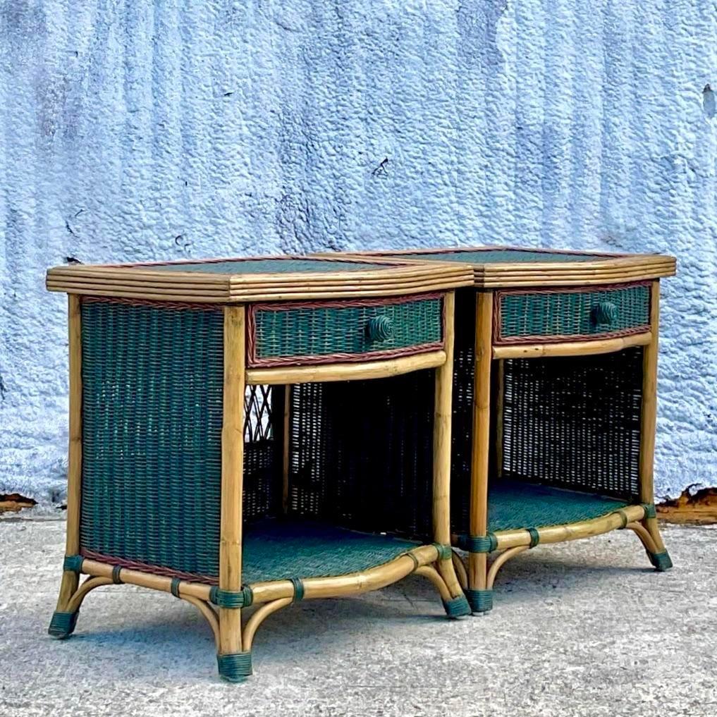 Bohemian Late 20th Century Vintage Stained Woven Rattan Nightstands - a Pair For Sale