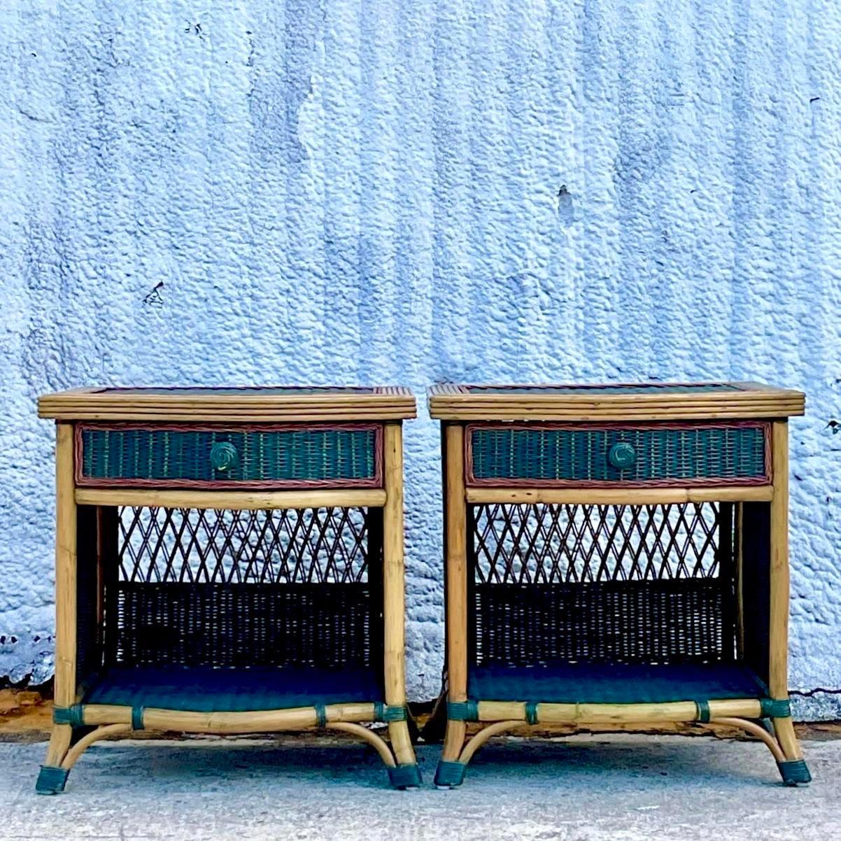 North American Late 20th Century Vintage Stained Woven Rattan Nightstands - a Pair For Sale