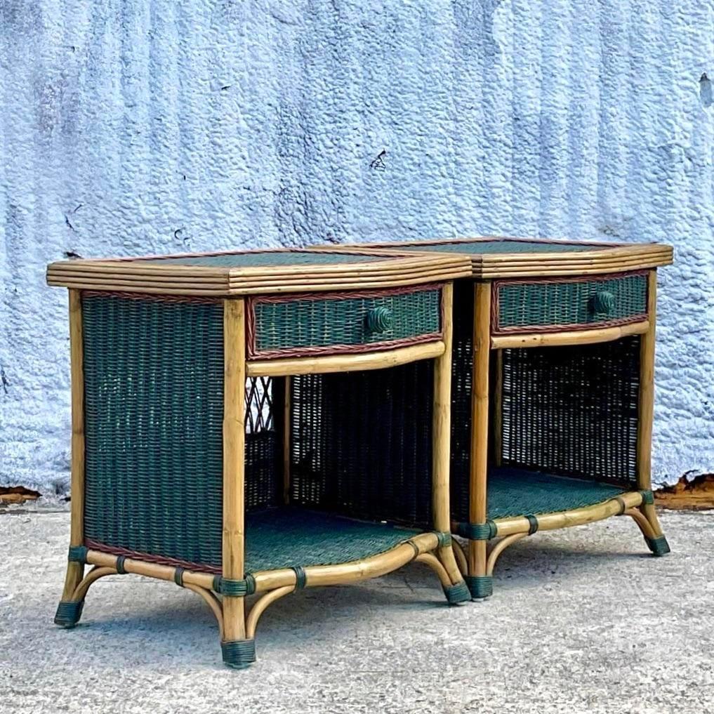 Late 20th Century Vintage Stained Woven Rattan Nightstands - a Pair In Good Condition For Sale In west palm beach, FL