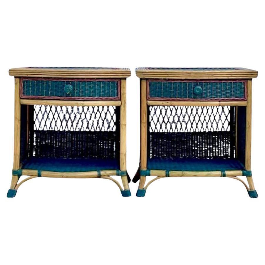 Late 20th Century Vintage Stained Woven Rattan Nightstands - a Pair For Sale