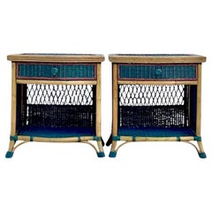 Late 20th Century Vintage Stained Woven Rattan Nightstands - a Pair