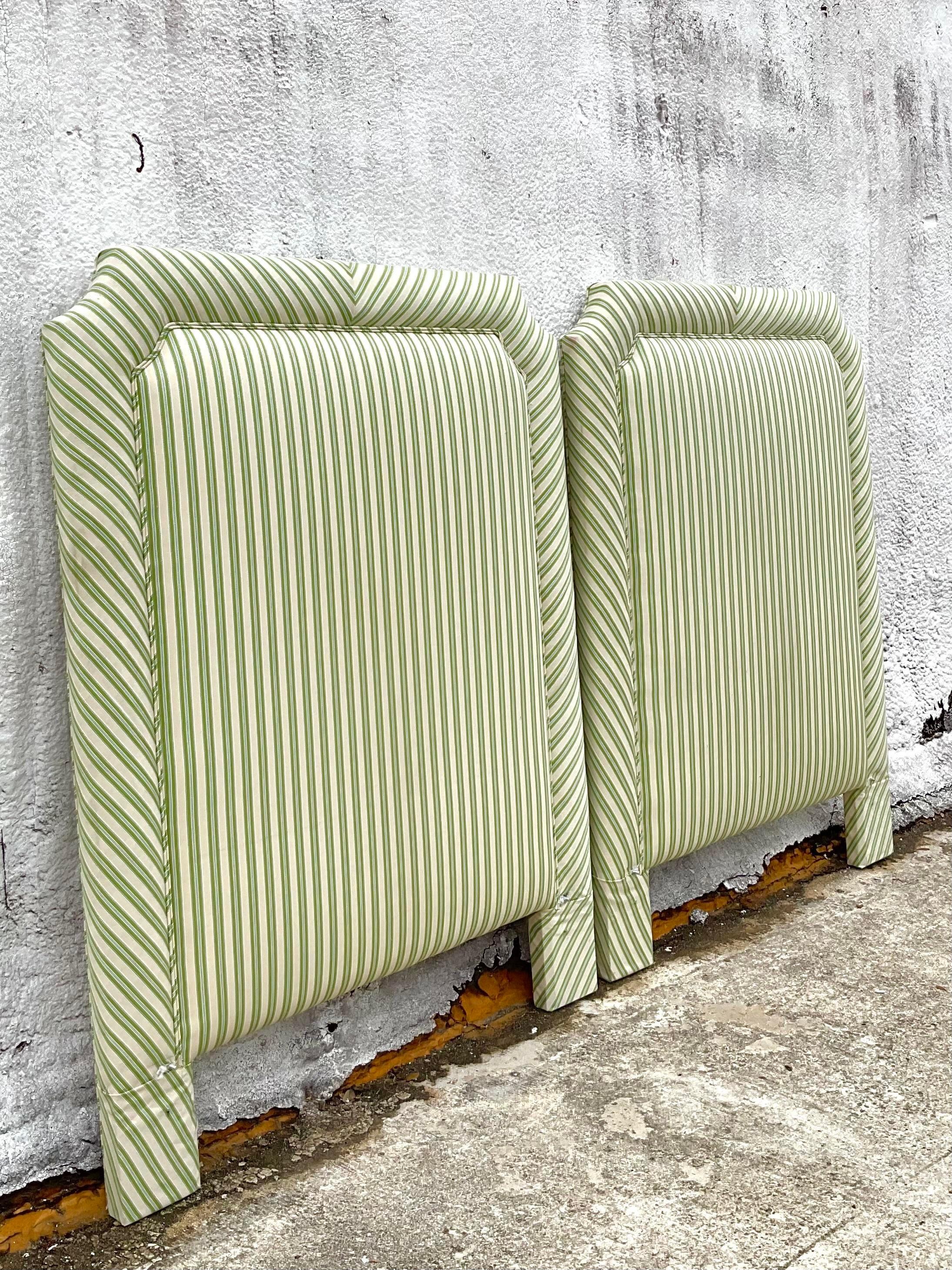 Late 20th Century Vintage Ticking Pattern Fabric Twin Sized Headboards - A Pair In Good Condition In west palm beach, FL