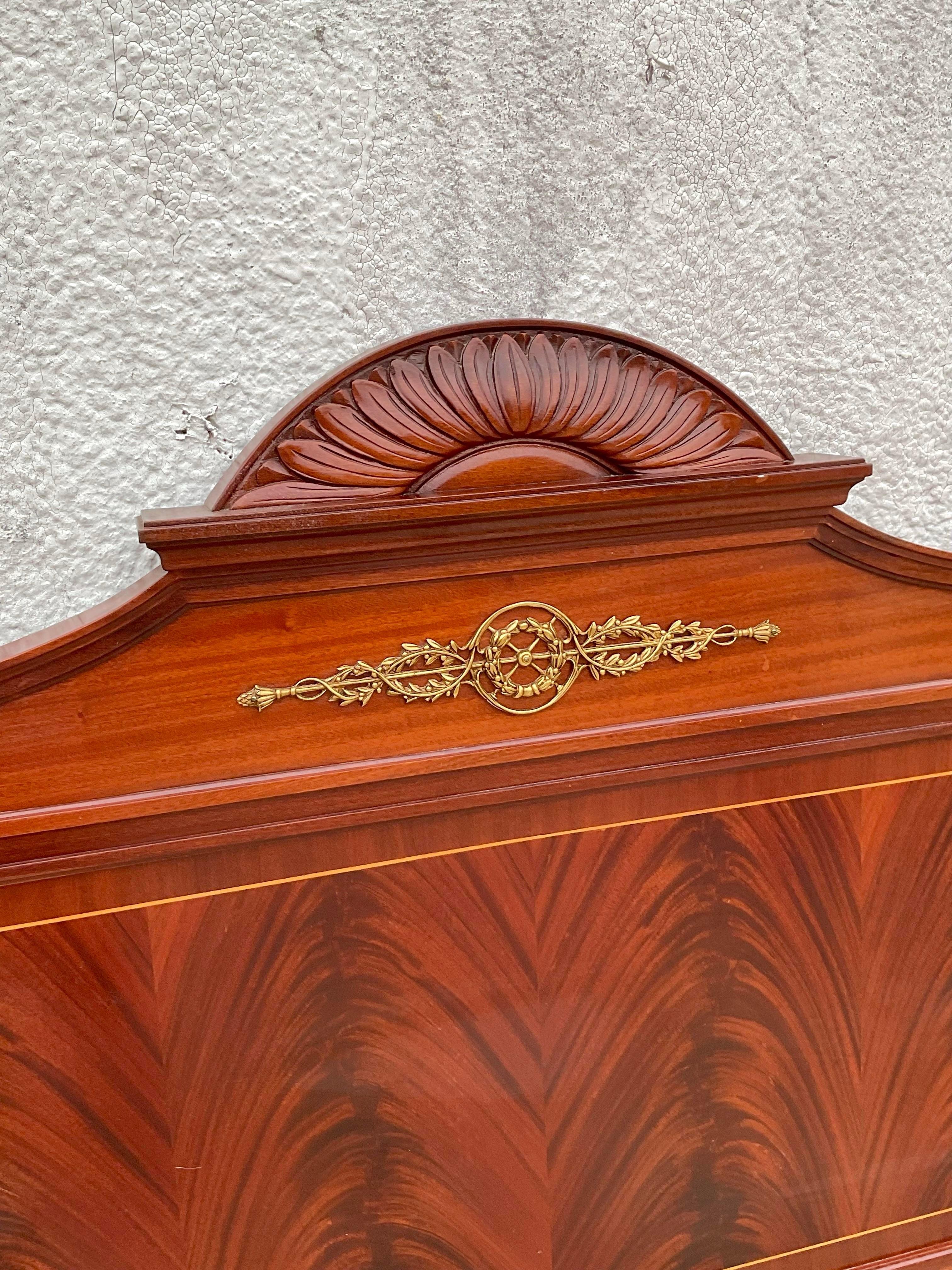 Late 20th Century Vintage Wood Inlay and Brass Detailing Queen Headboard In Good Condition For Sale In west palm beach, FL