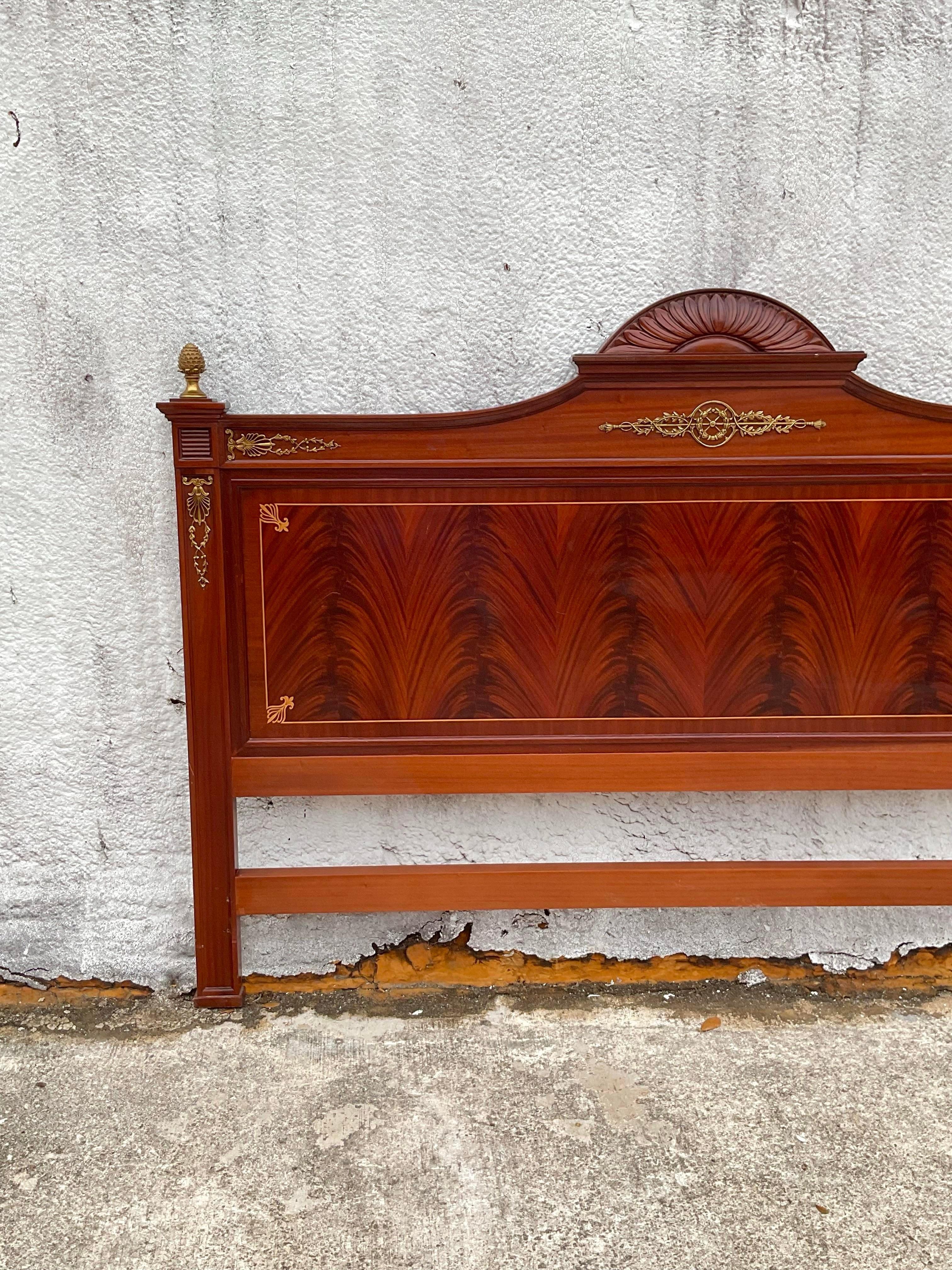 Late 20th Century Vintage Wood Inlay and Brass Detailing Queen Headboard For Sale 1