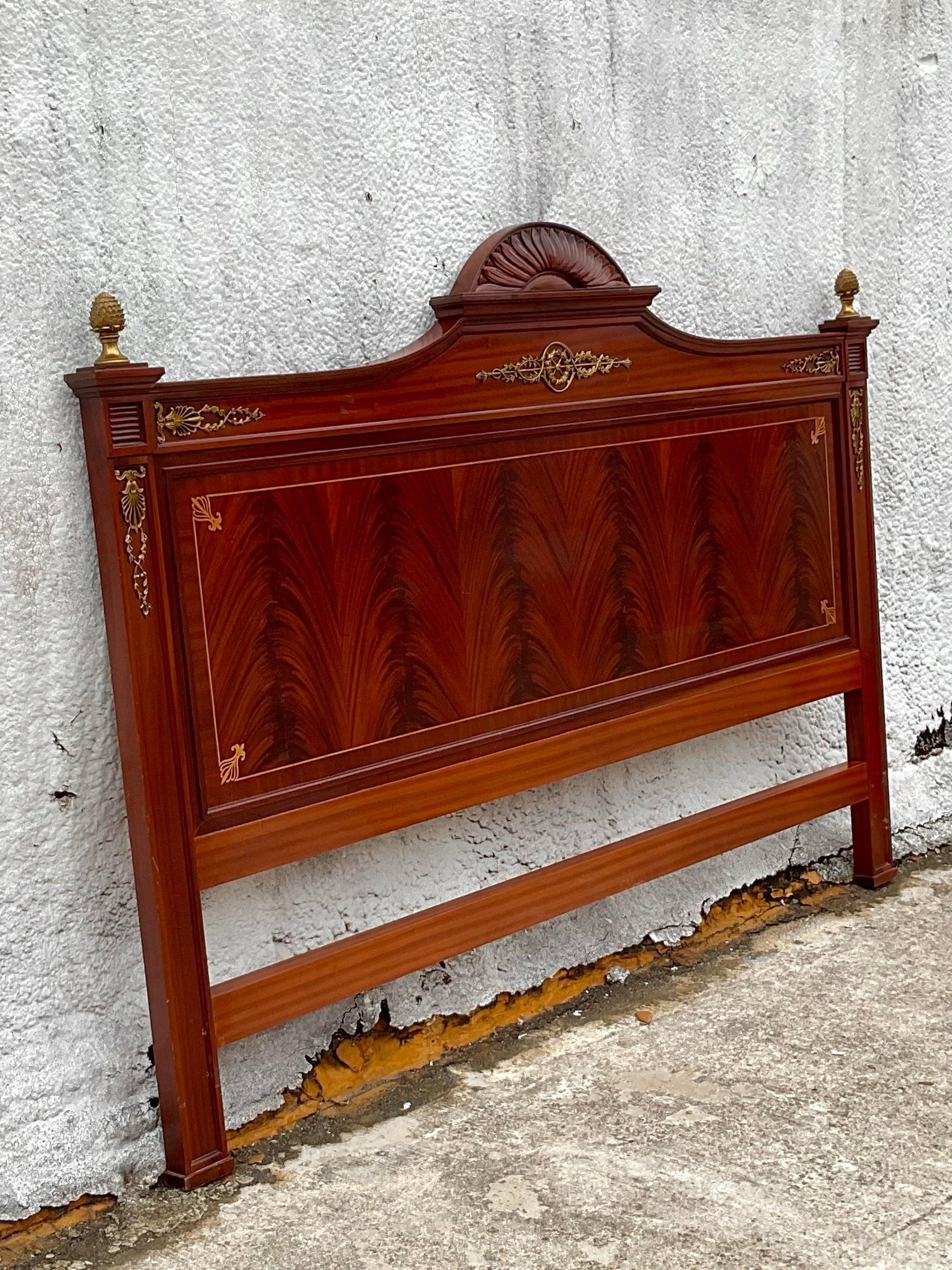 Late 20th Century Vintage Wood Inlay and Brass Detailing Queen Headboard For Sale 2