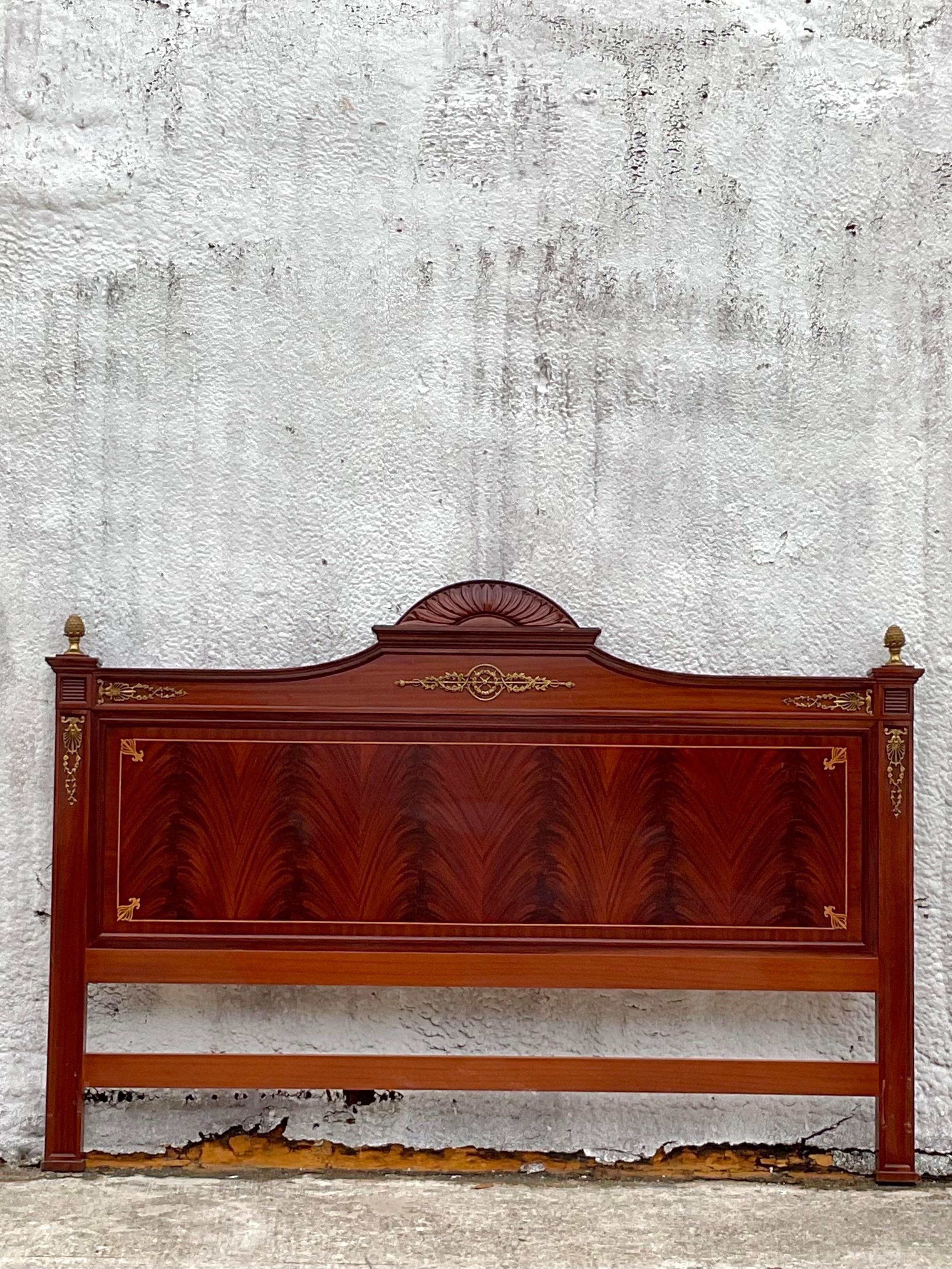 Late 20th Century Vintage Wood Inlay and Brass Detailing Queen Headboard For Sale 3