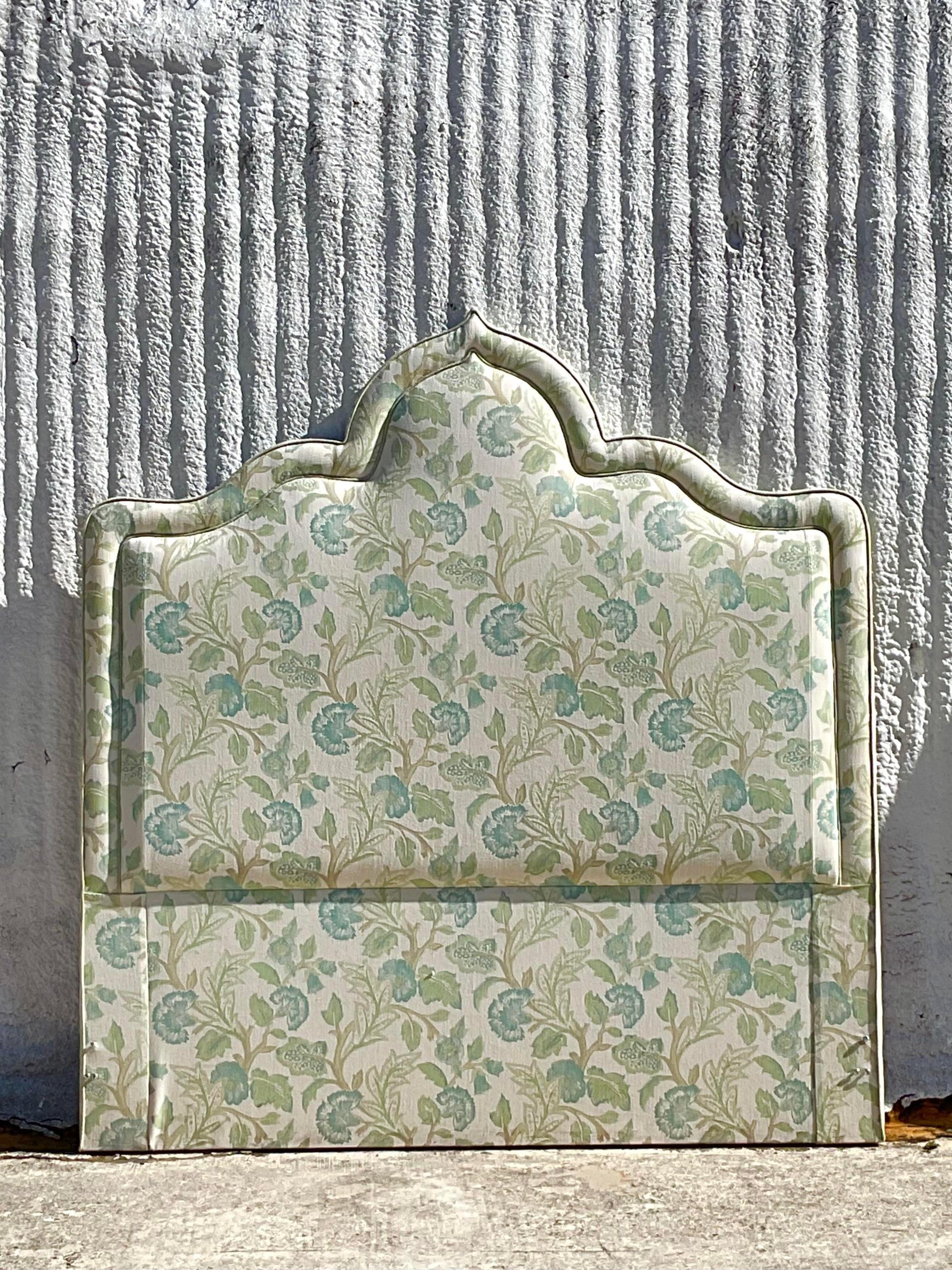 Fabric Late 20th Century Vintage Upholstered Queen Temple Shaped Headboard in Queen For Sale