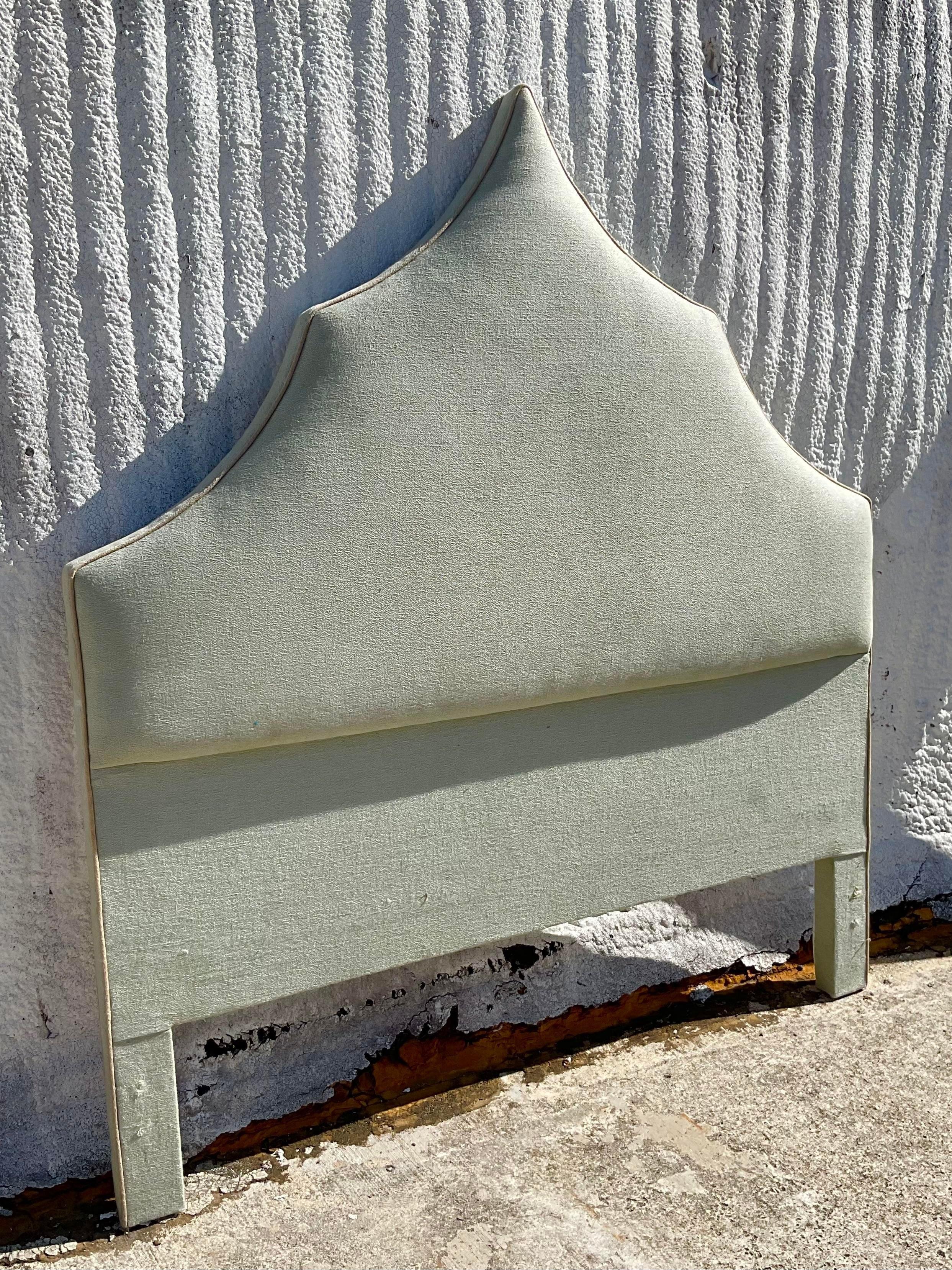 American Late 20th Century Vintage Upholstered Temple Headboard in Queen For Sale