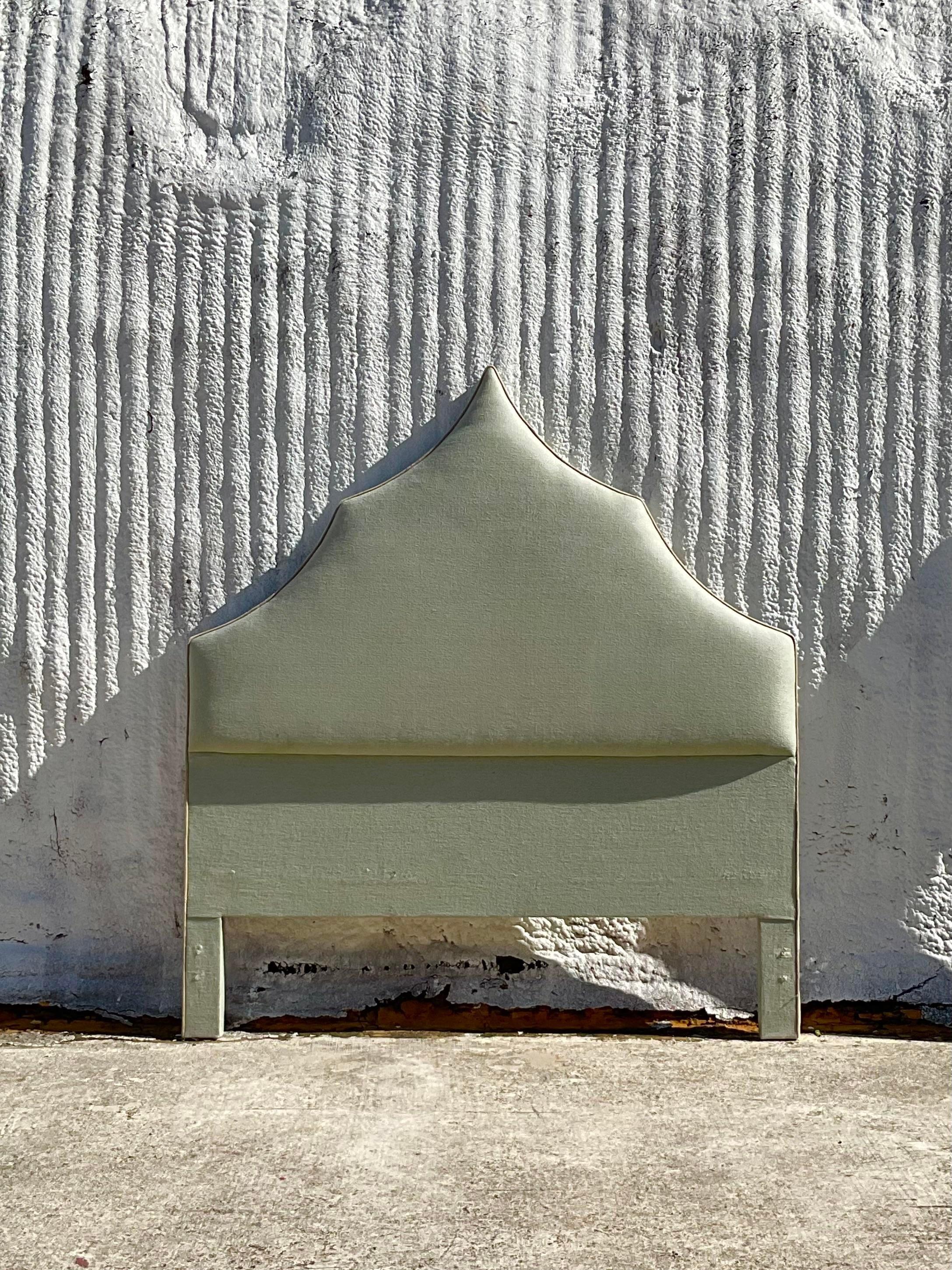 Late 20th Century Vintage Upholstered Temple Headboard in Queen In Good Condition For Sale In west palm beach, FL