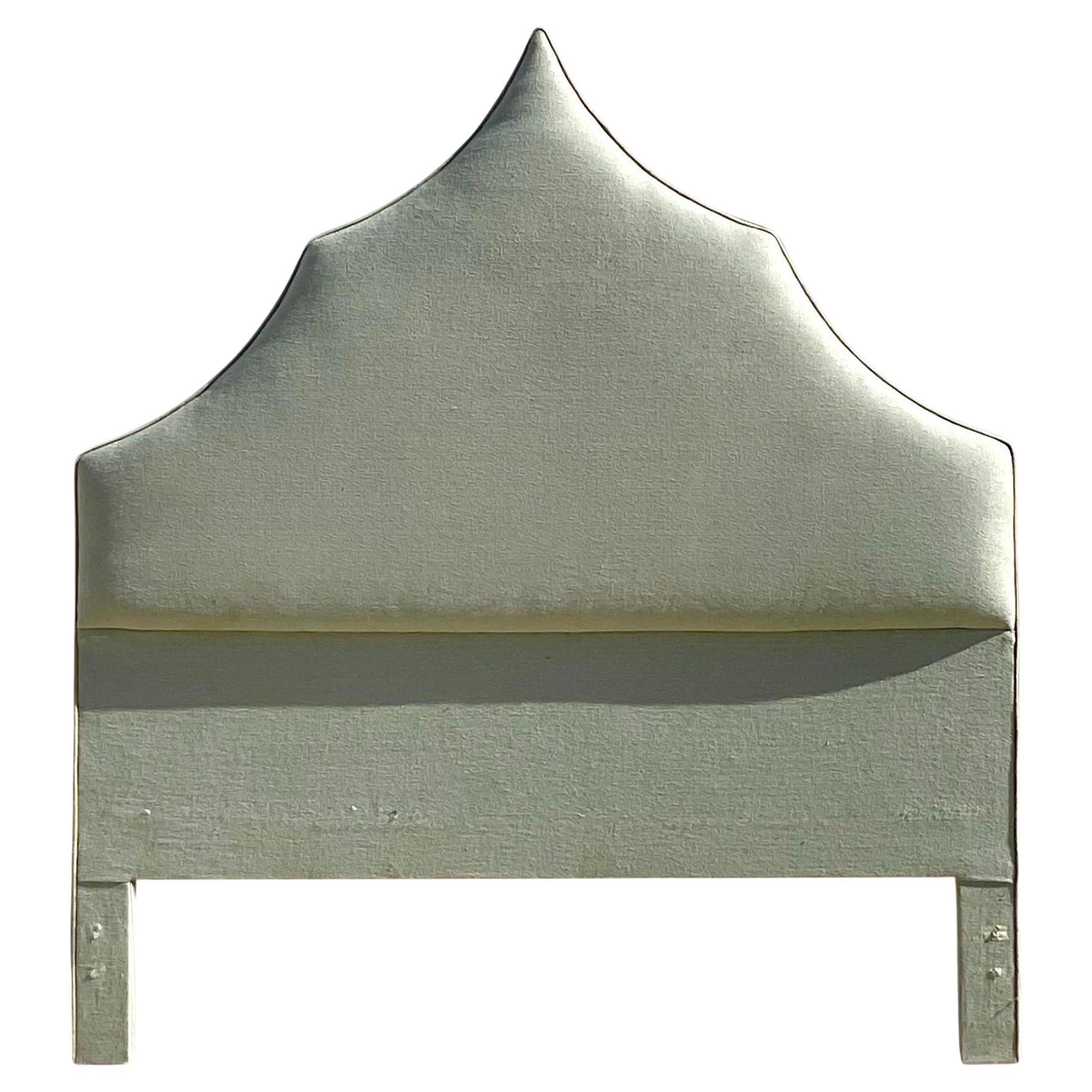 Late 20th Century Vintage Upholstered Temple Headboard in Queen For Sale