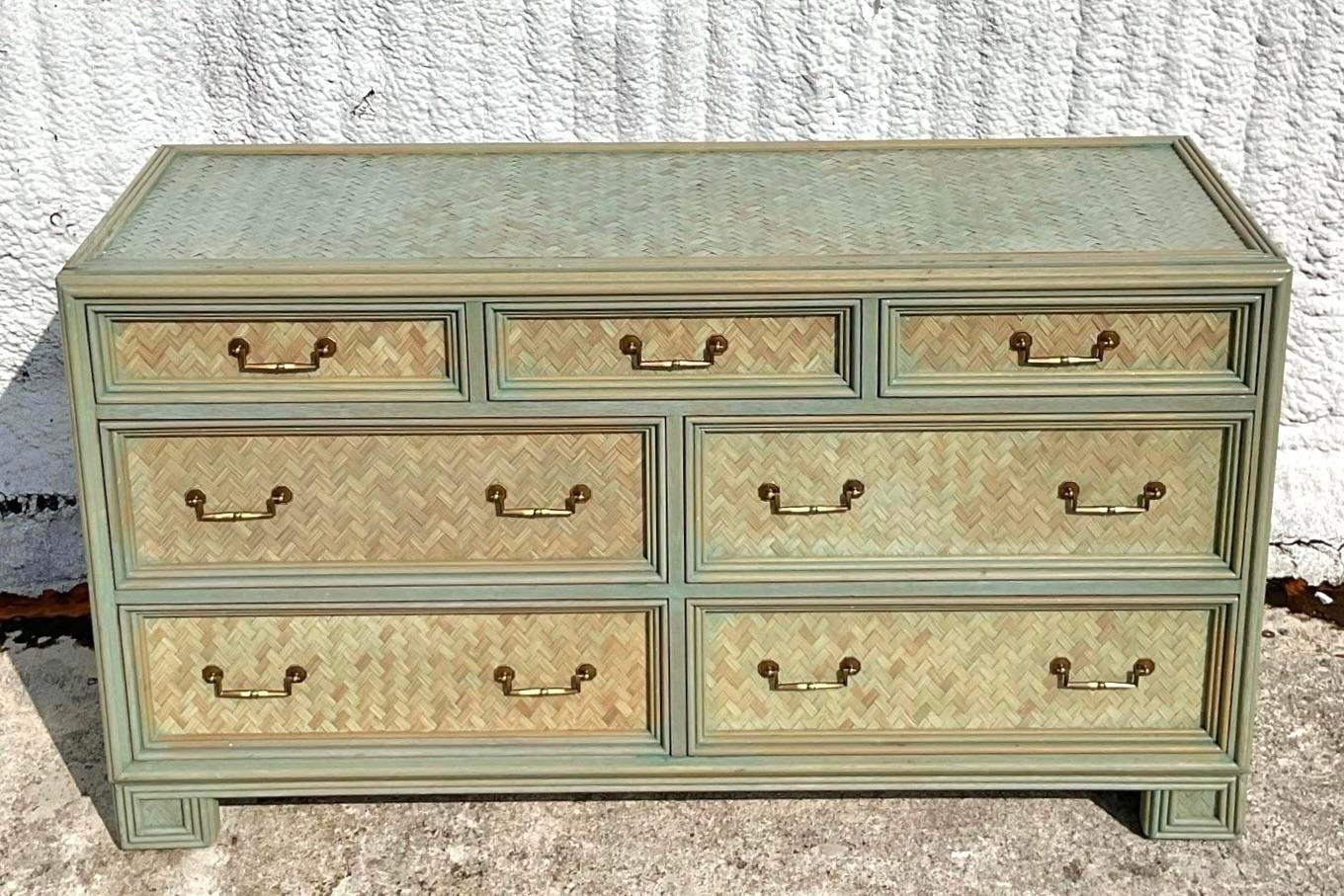 Hollywood Regency Late 20th Century Vintage Whitecraft Rattan Stained Dresser For Sale