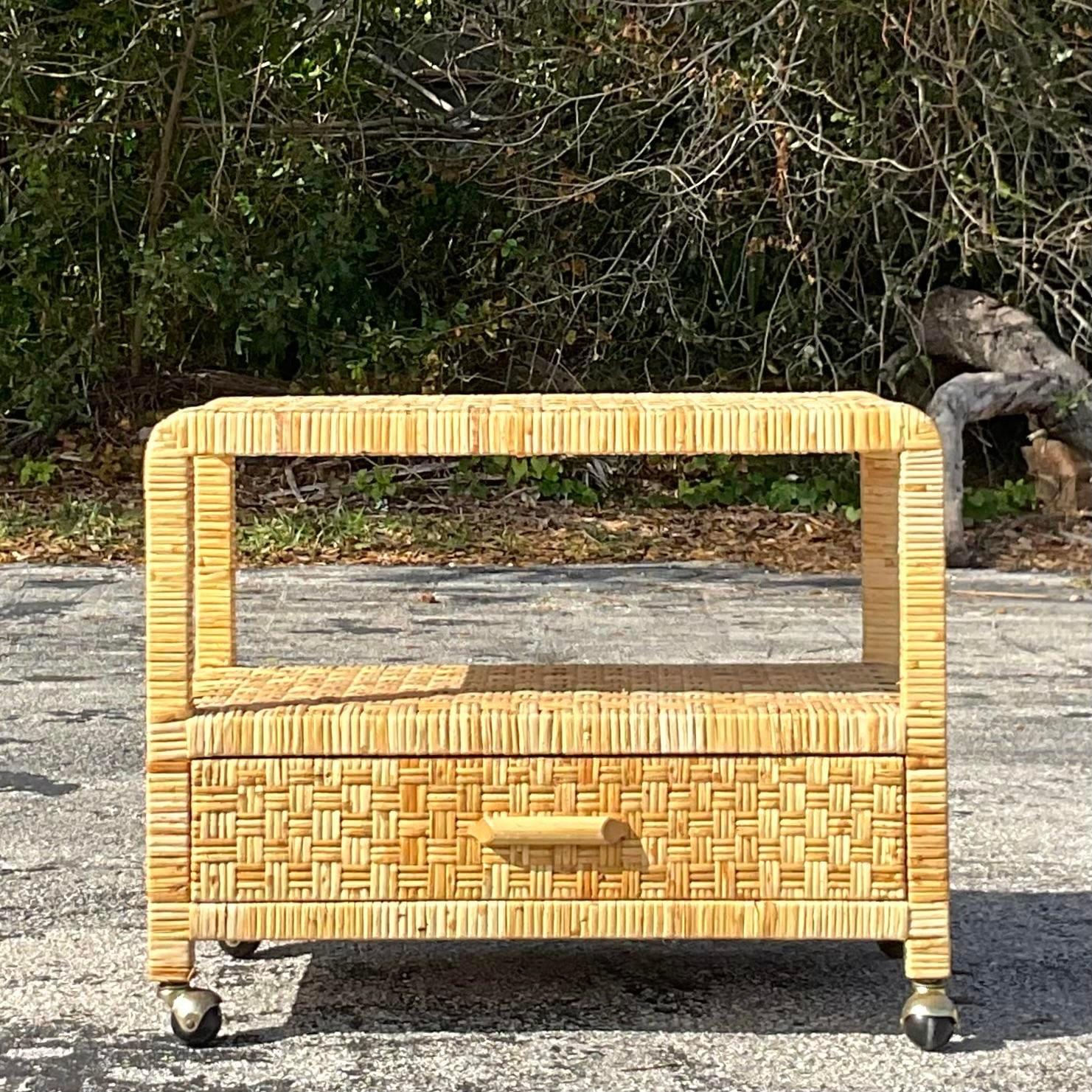 Late 20th Century Vintage Woven Rattan TV Stand on Wheels 1