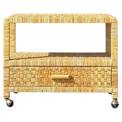 Late 20th Century Retro Woven Rattan TV Stand on Wheels