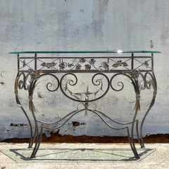 Late 20th Century Vintage Wrought Iron Console Table with Glass Top