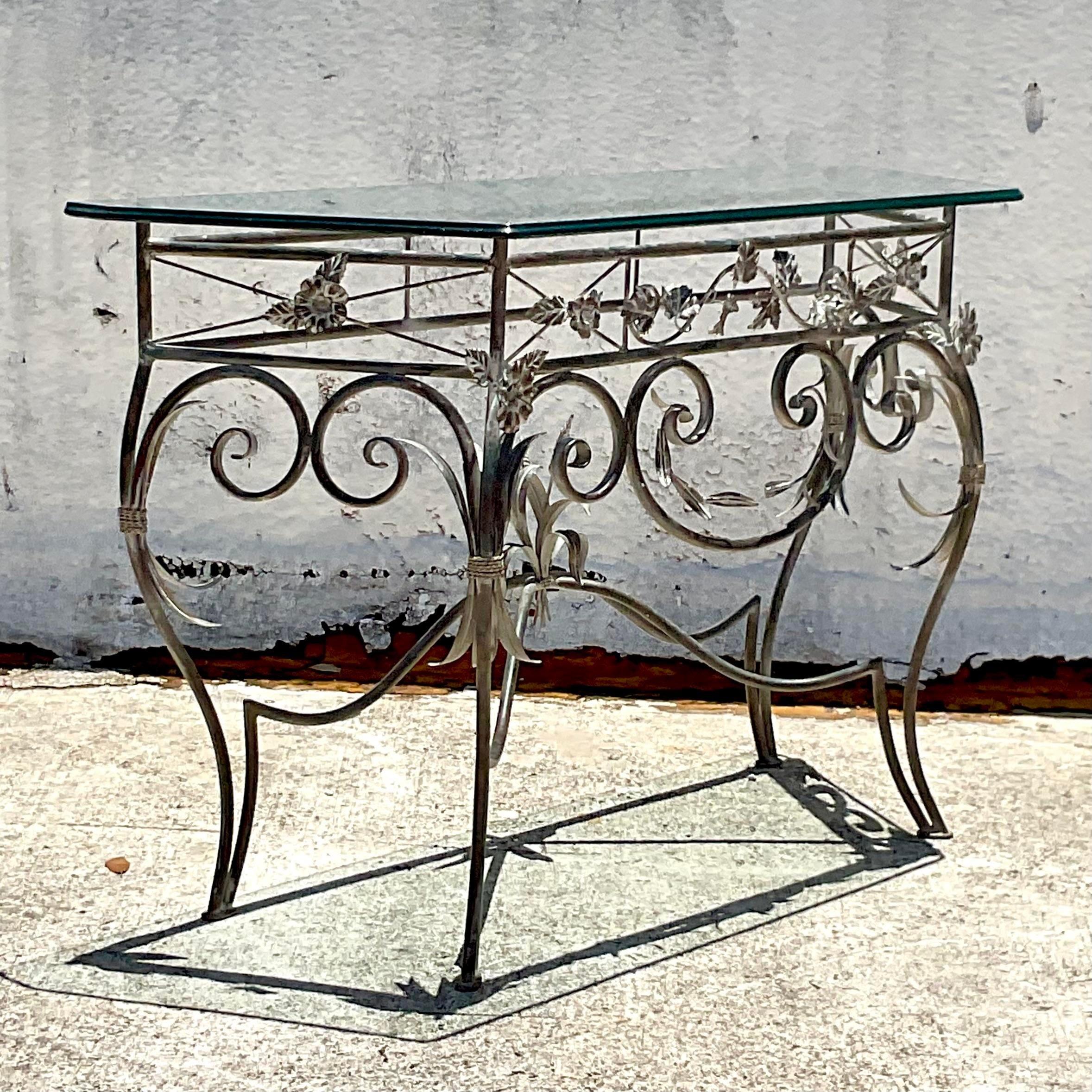 Regency Late 20th Century Vintage Wrought Iron Console Table with Glass Top For Sale