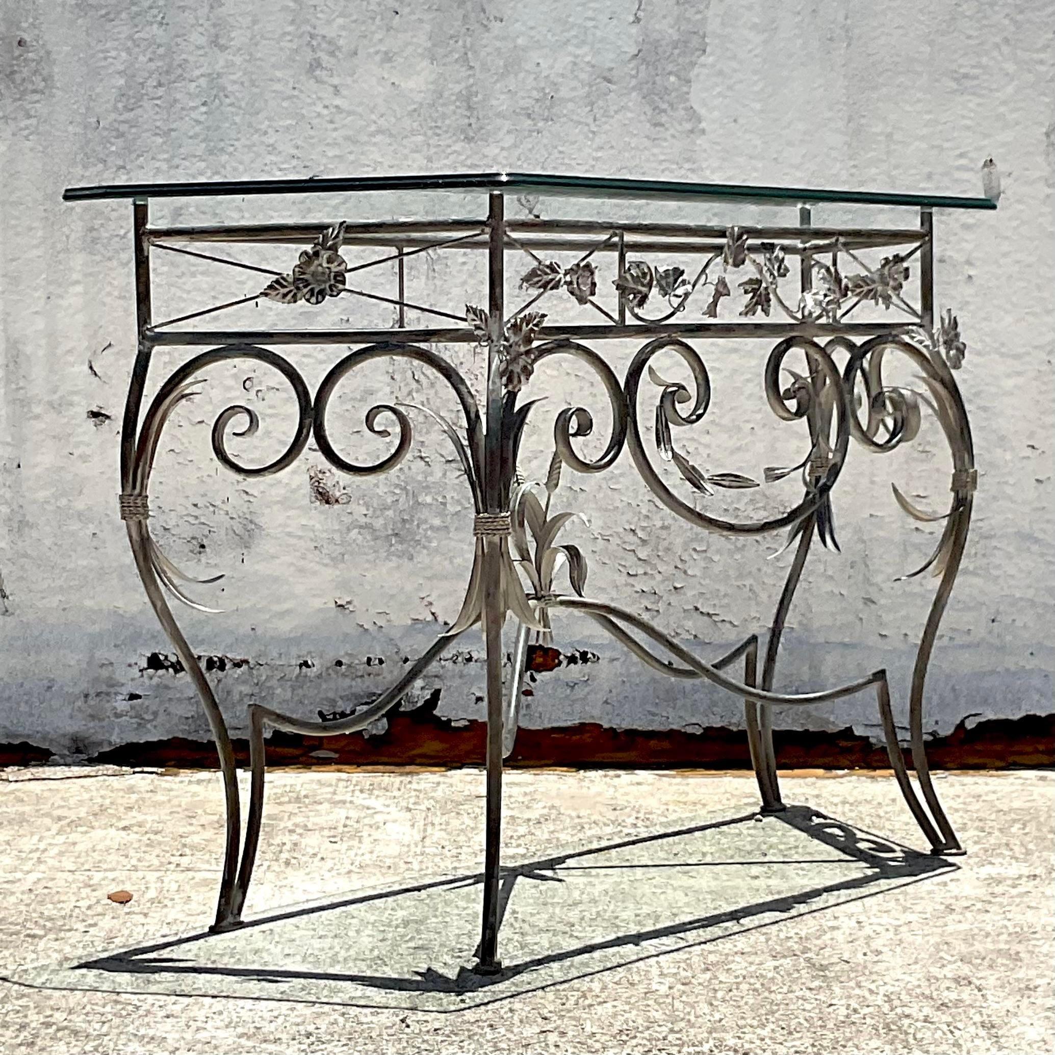 American Late 20th Century Vintage Wrought Iron Console Table with Glass Top For Sale