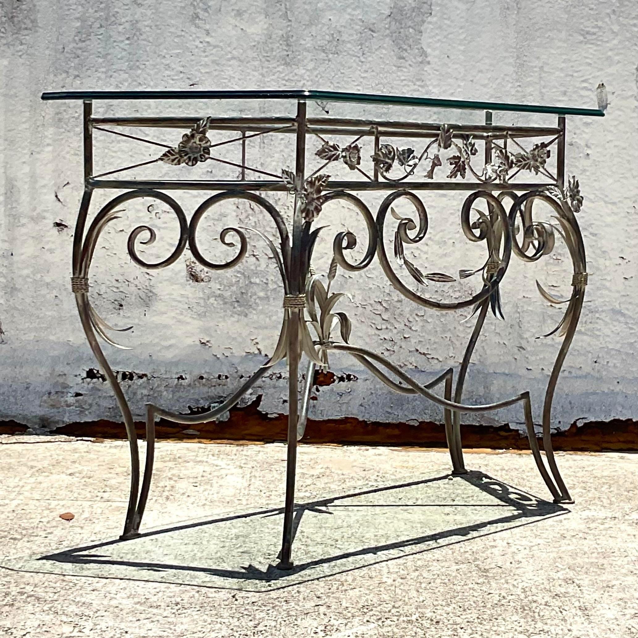 Late 20th Century Vintage Wrought Iron Console Table with Glass Top In Good Condition For Sale In west palm beach, FL