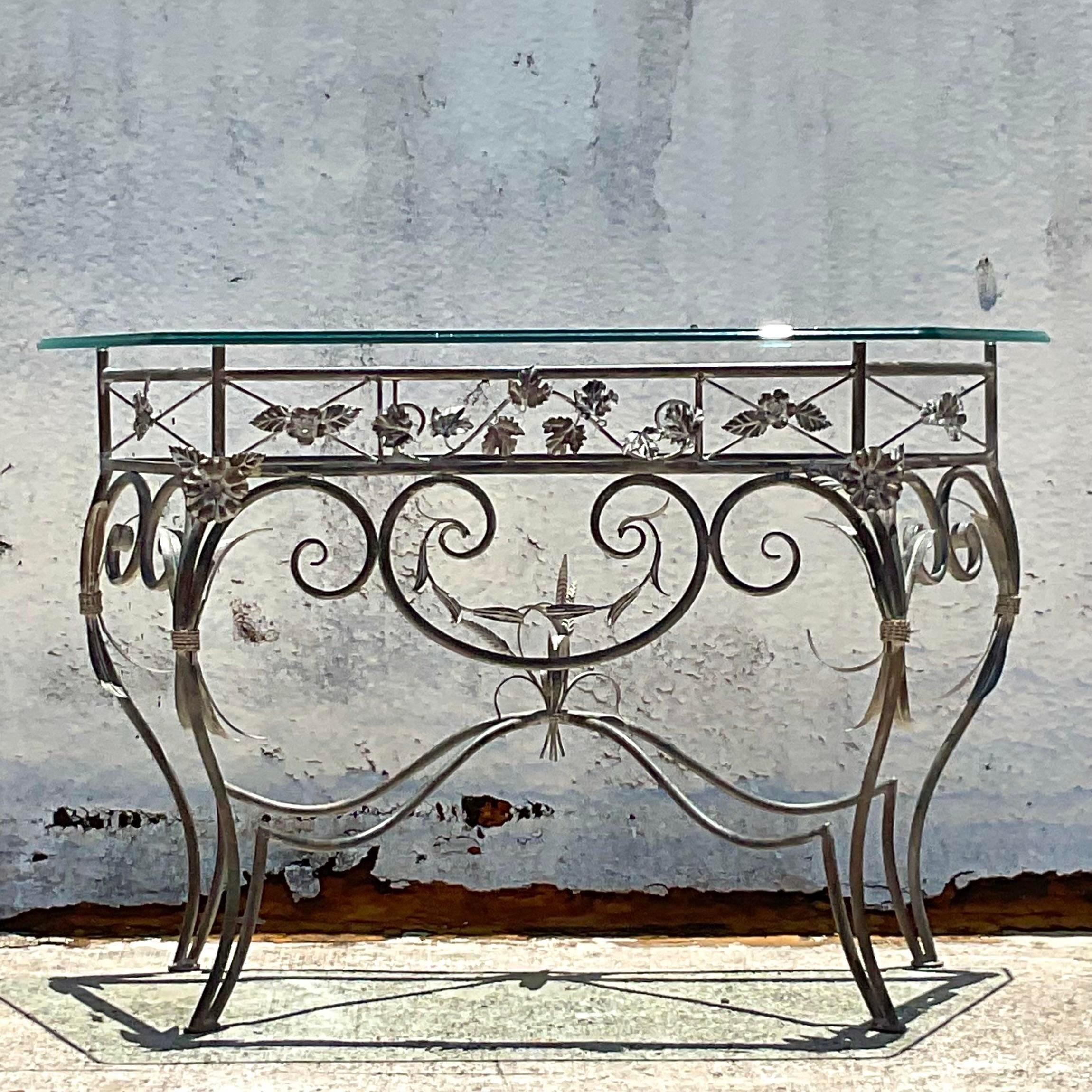 Late 20th Century Vintage Wrought Iron Console Table with Glass Top For Sale 1