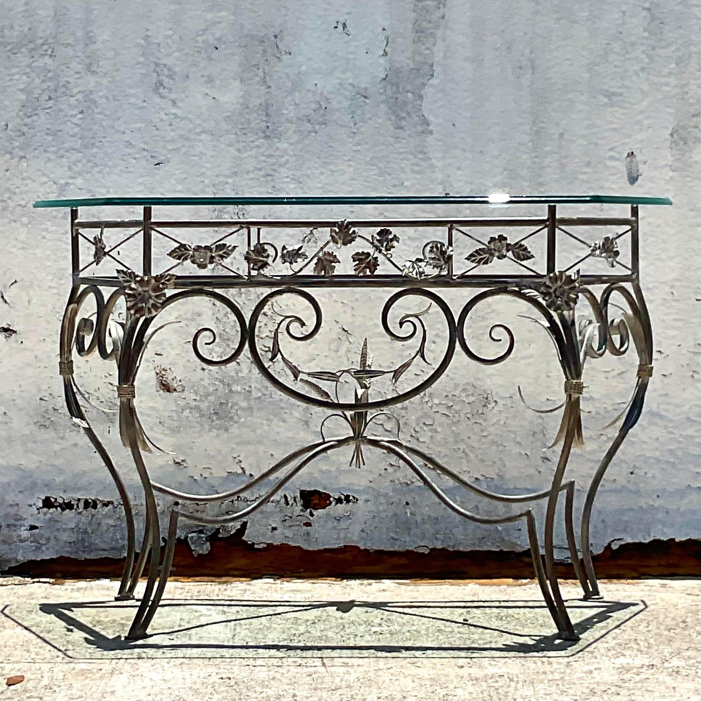 Late 20th Century Vintage Wrought Iron Console Table with Glass Top For Sale 2