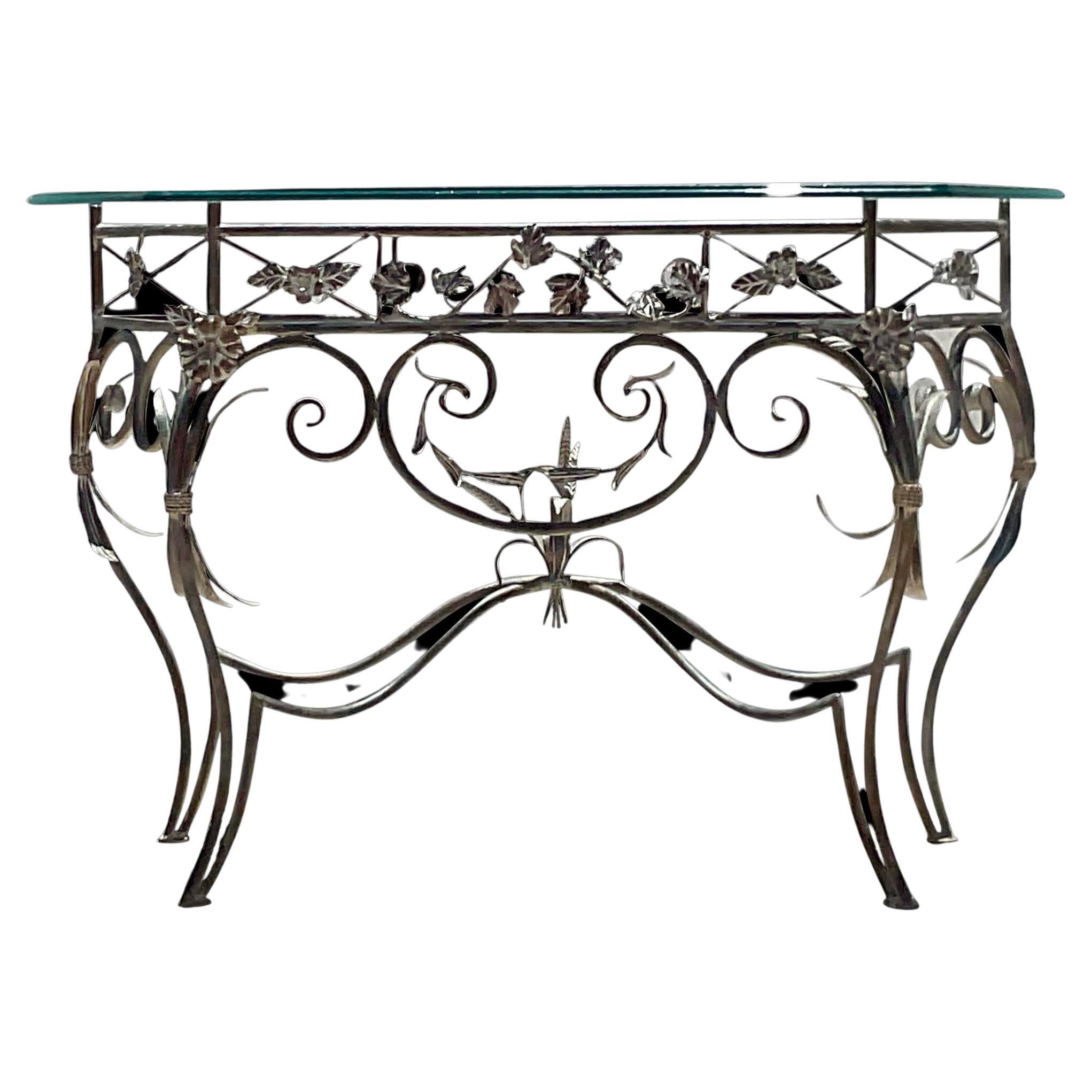 Late 20th Century Vintage Wrought Iron Console Table with Glass Top