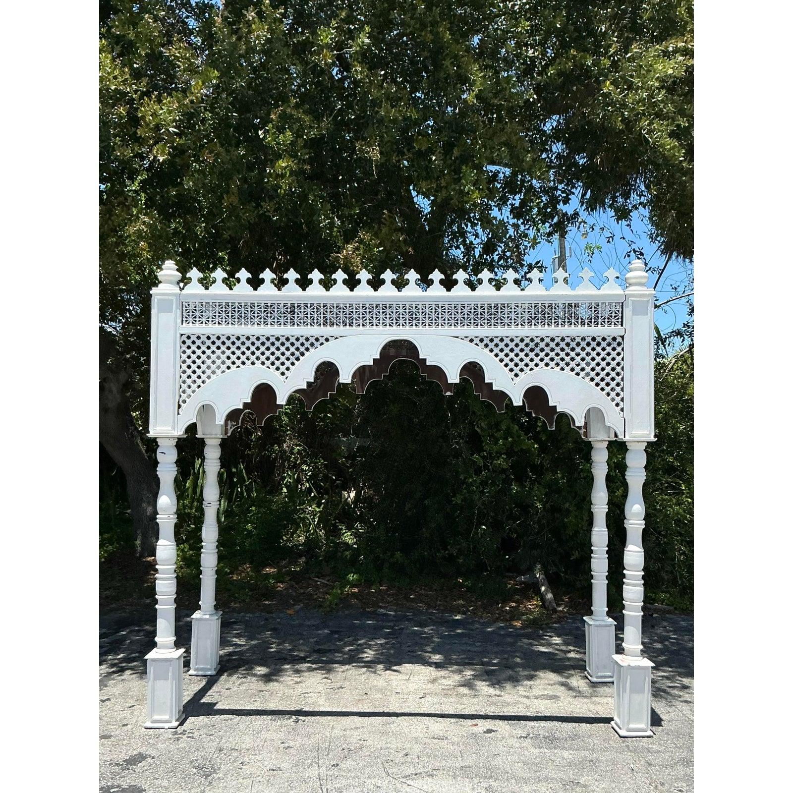 Late 20th Century White Carved Carved Canopy In Good Condition For Sale In west palm beach, FL