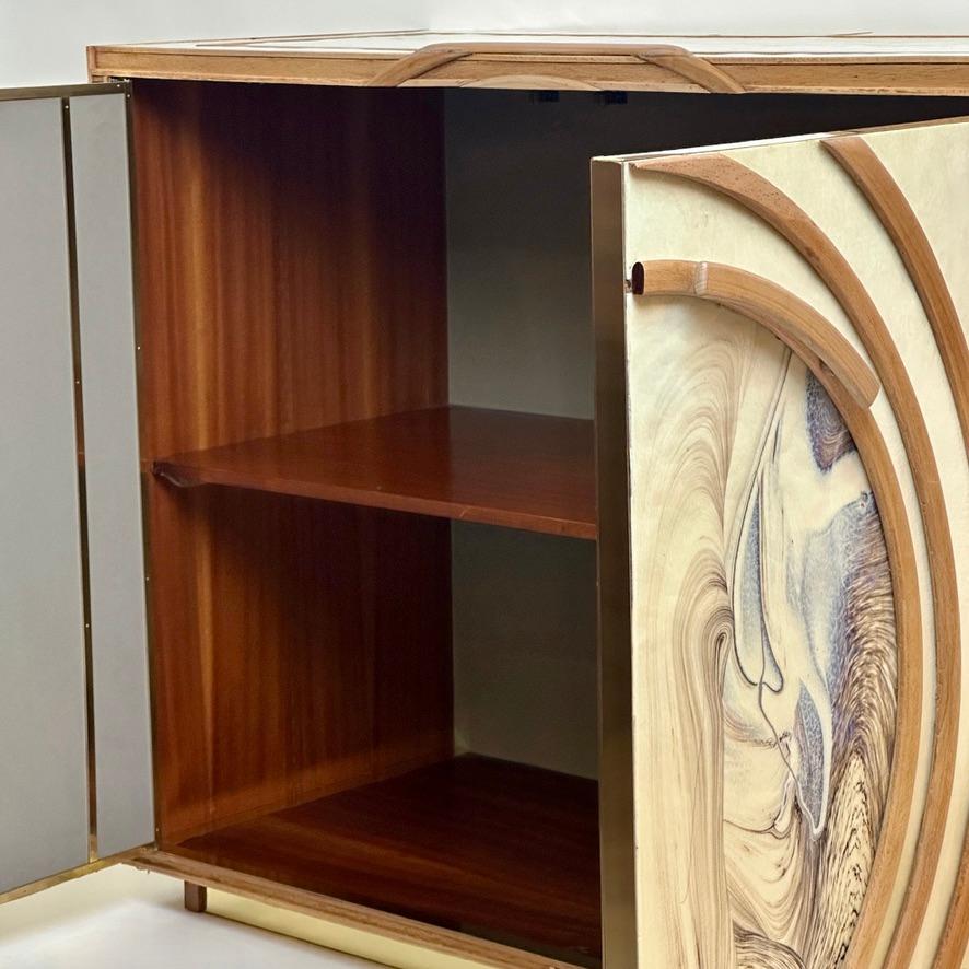Modern Late 20th Century White Murano Art Glass, Wood w/ Brass Details Cabinet For Sale