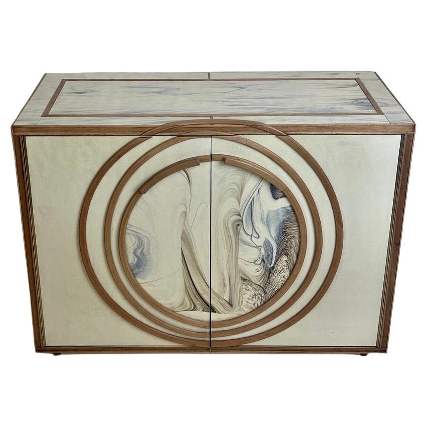 Late 20th Century White Murano Art Glass, Wood w/ Brass Details Cabinet