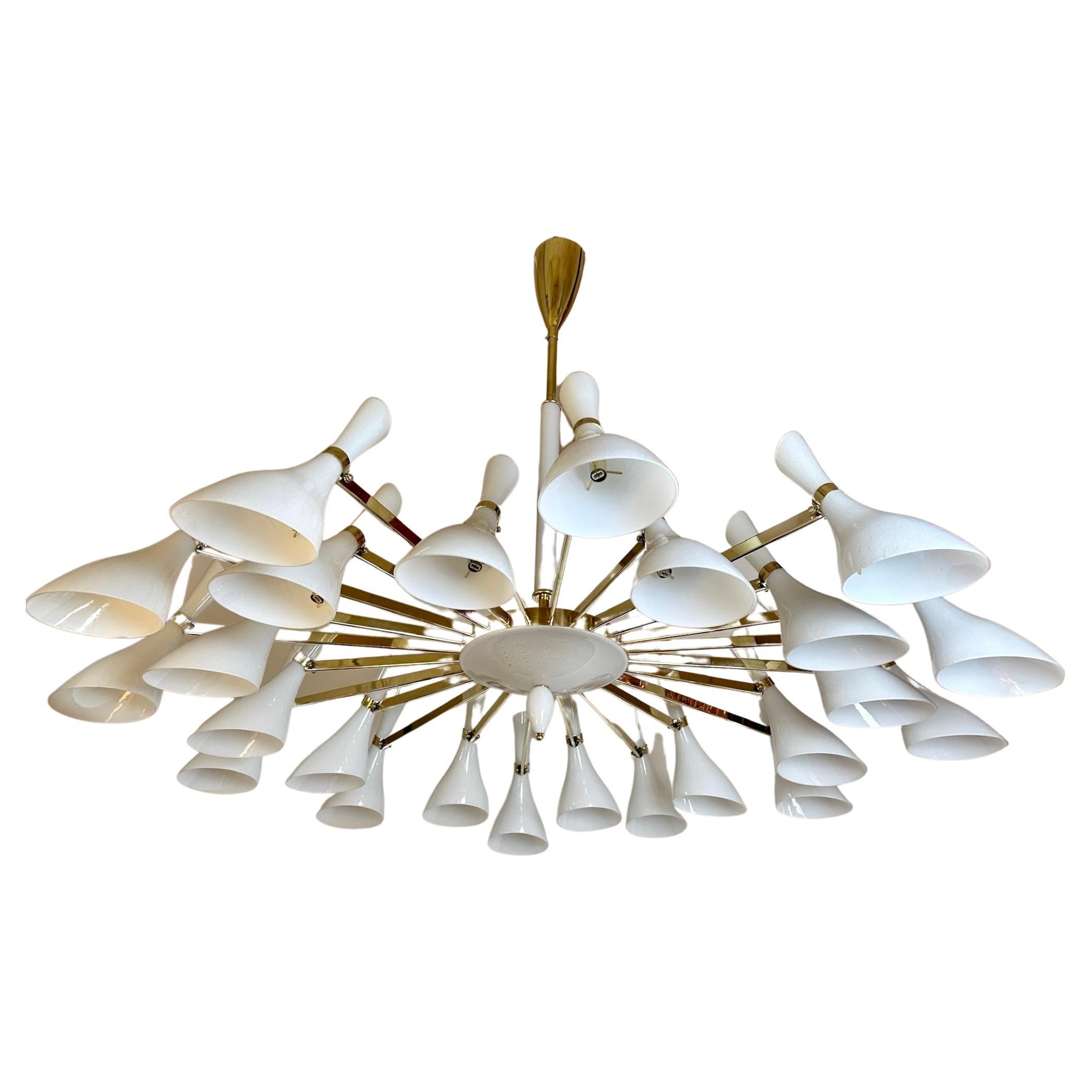 Late 20th Century White Murano Blown Glass & Brass Large Round Chandelier For Sale