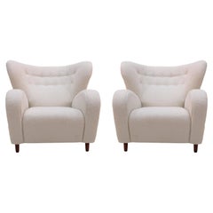 Late 20th Century White Wool and Solid Wood Pair of Armchairs, Norway