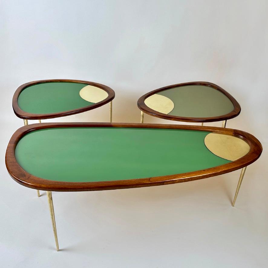 Late 20th Century Wood, Brass & Green Opaline Glass Amorphous Shape Coffee Table For Sale 3