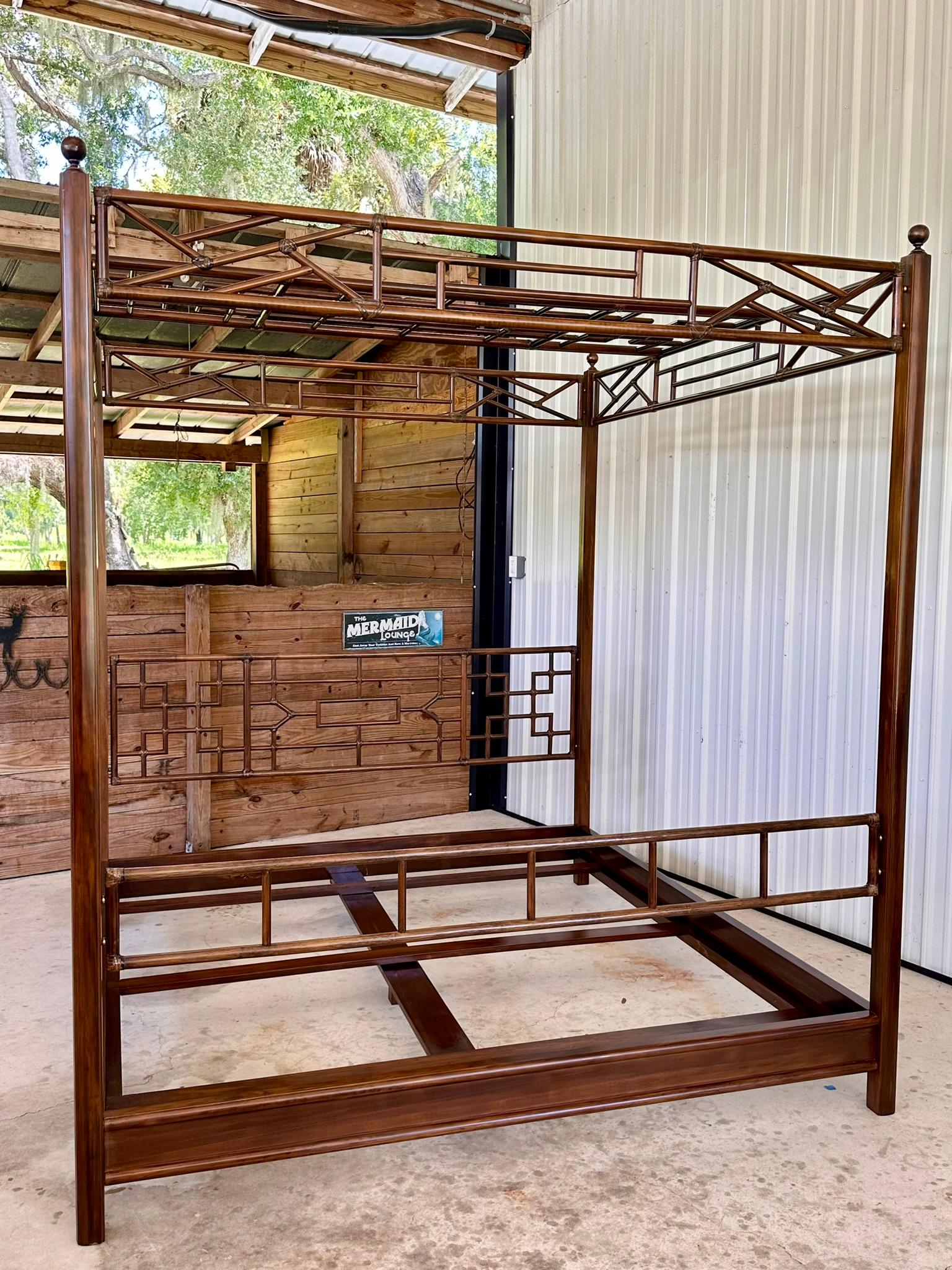 Late 20th Century Wood Rattan Fretwork Chippendale Four Poster Canopy King Bed 6