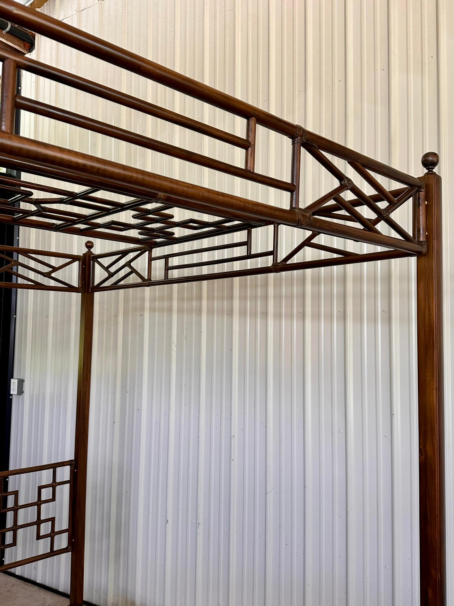 Late 20th Century Wood Rattan Fretwork Chippendale Four Poster Canopy King Bed 2
