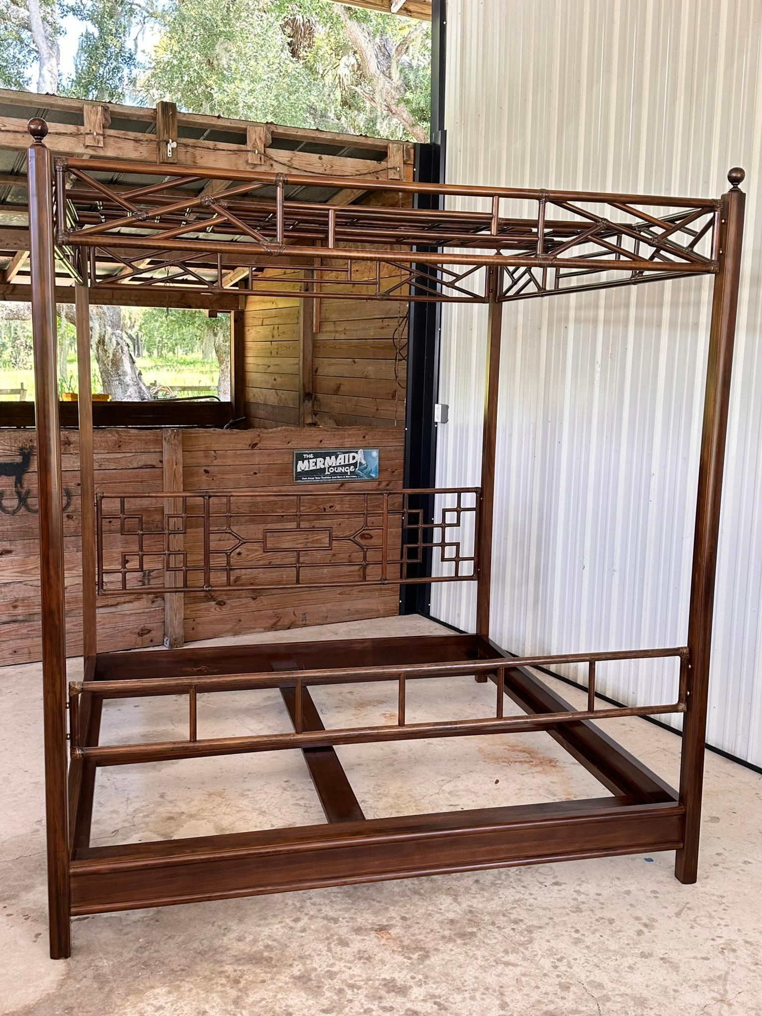 Late 20th Century Wood Rattan Fretwork Chippendale Four Poster Canopy King Bed 4