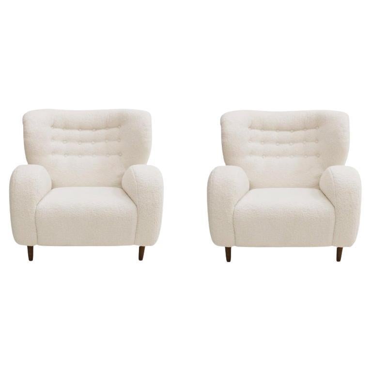 Late 20th Century Wool and Solid Wood Pair of Armchairs, Norway