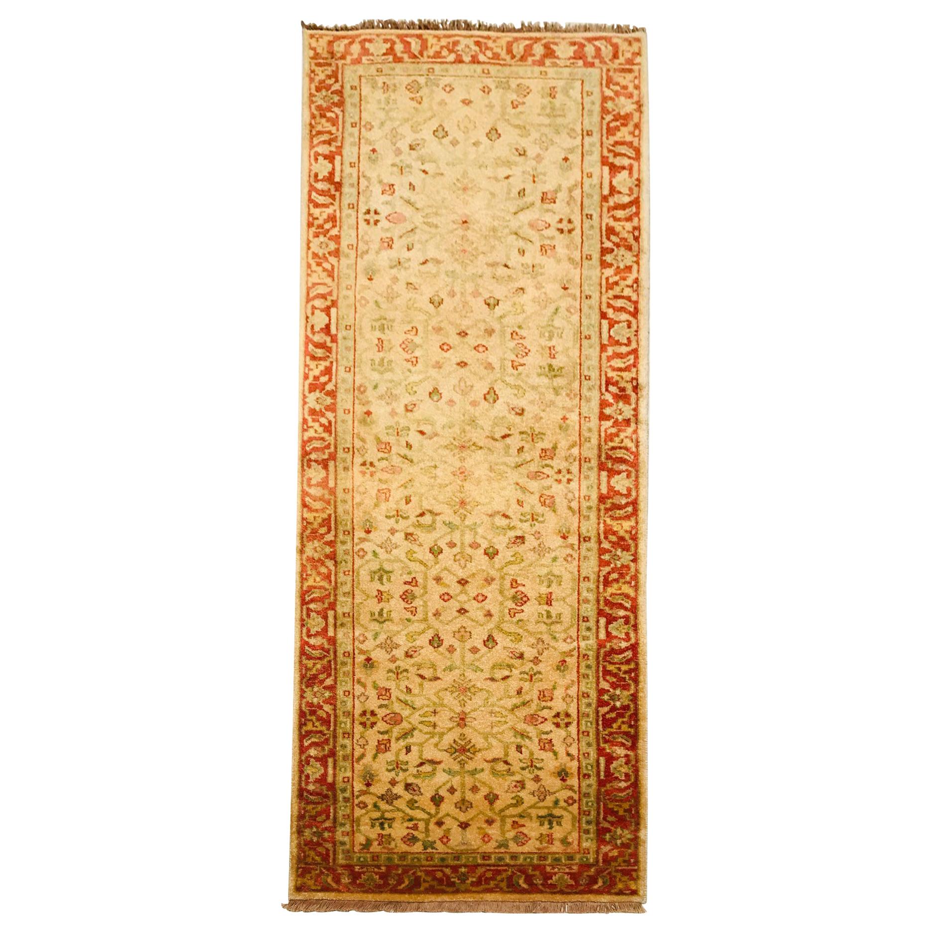 Late 20th Century Wool Hand Knotted Indian Runner Rug Red and Beige 1980s For Sale