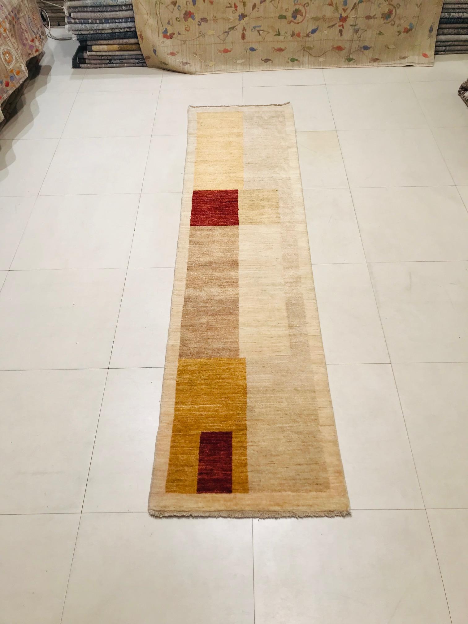 Late 20th Century Wool Hand Knotted Runner Rug Beige with Yellow and Red 1980s For Sale 6