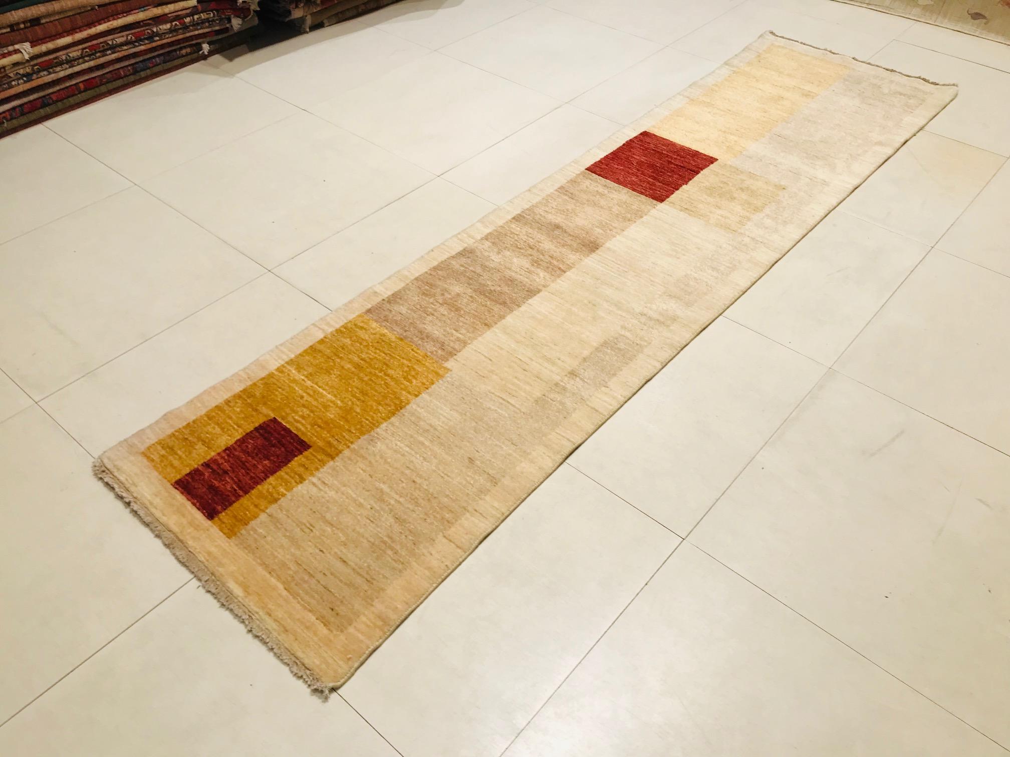 Pakistani Late 20th Century Wool Hand Knotted Runner Rug Beige with Yellow and Red 1980s For Sale