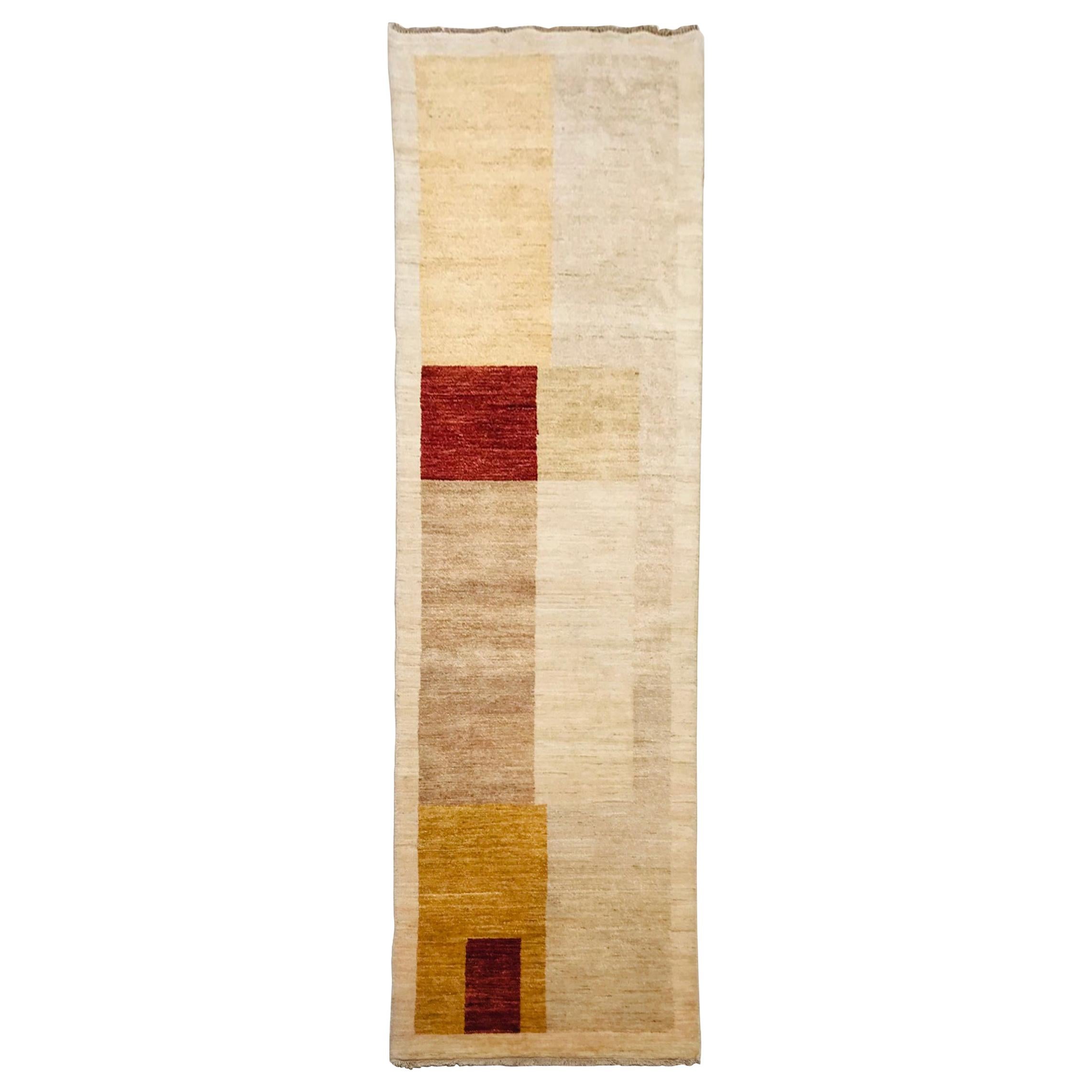 Late 20th Century Wool Hand Knotted Runner Rug Beige with Yellow and Red 1980s For Sale