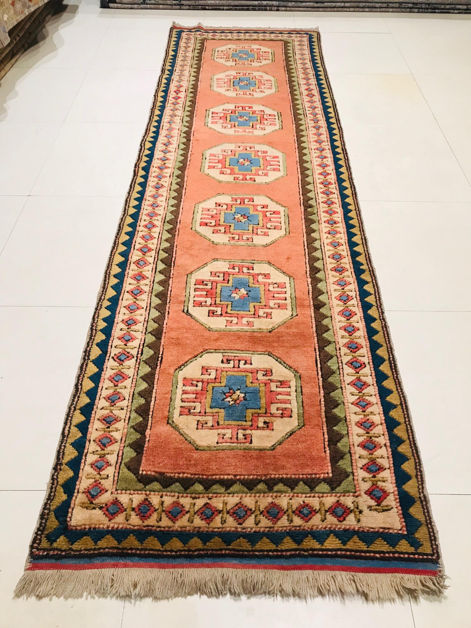 Other Late 20th Century Wool Hand Knotted Turkey Runner Rug Orange and Black, 1980s For Sale