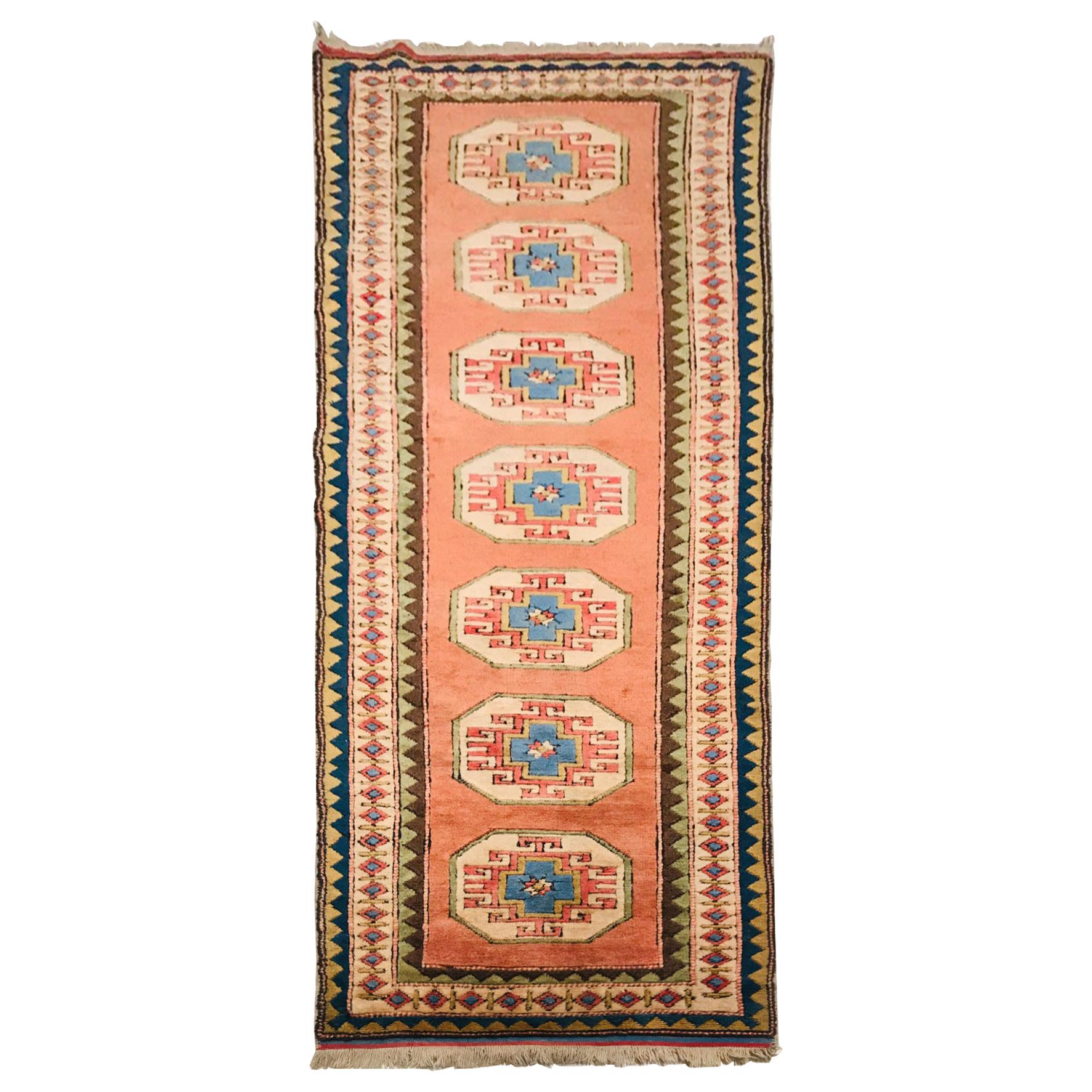 Late 20th Century Wool Hand Knotted Turkey Runner Rug Orange and Black, 1980s For Sale